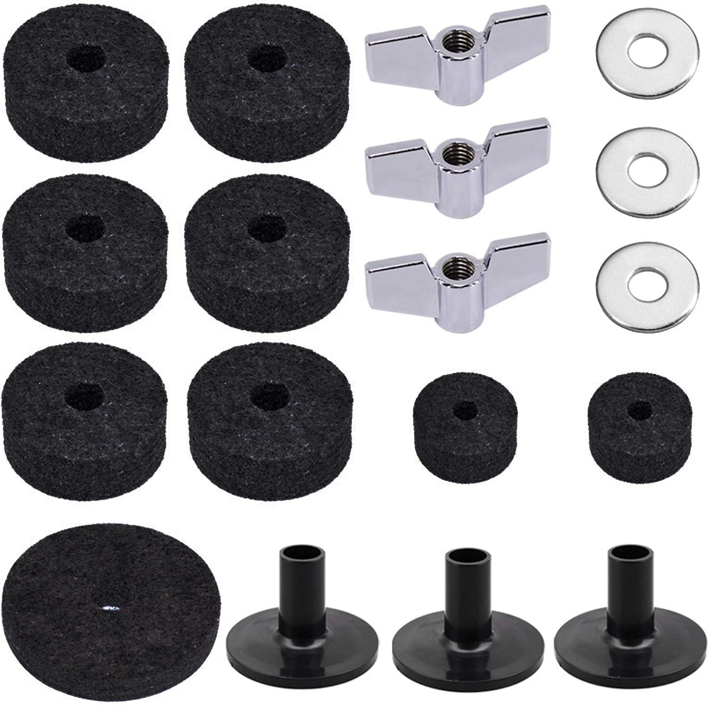 18-Pack Cymbal Replacement Accessory Kit - Cymbal felts, Hi-Hat clutch felts, Sleeves, Hi-Hat cup with base, Wing nuts, and Washer - Black