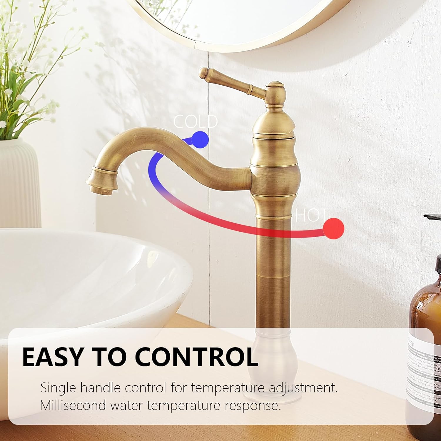 Antique Brass Vessel Sink Faucet 360° Swivel for Bathroom Bowl Sink Single Hole Farmhouse Tall Commercial Vanity with Pop Up Drain Without Overflow Combo