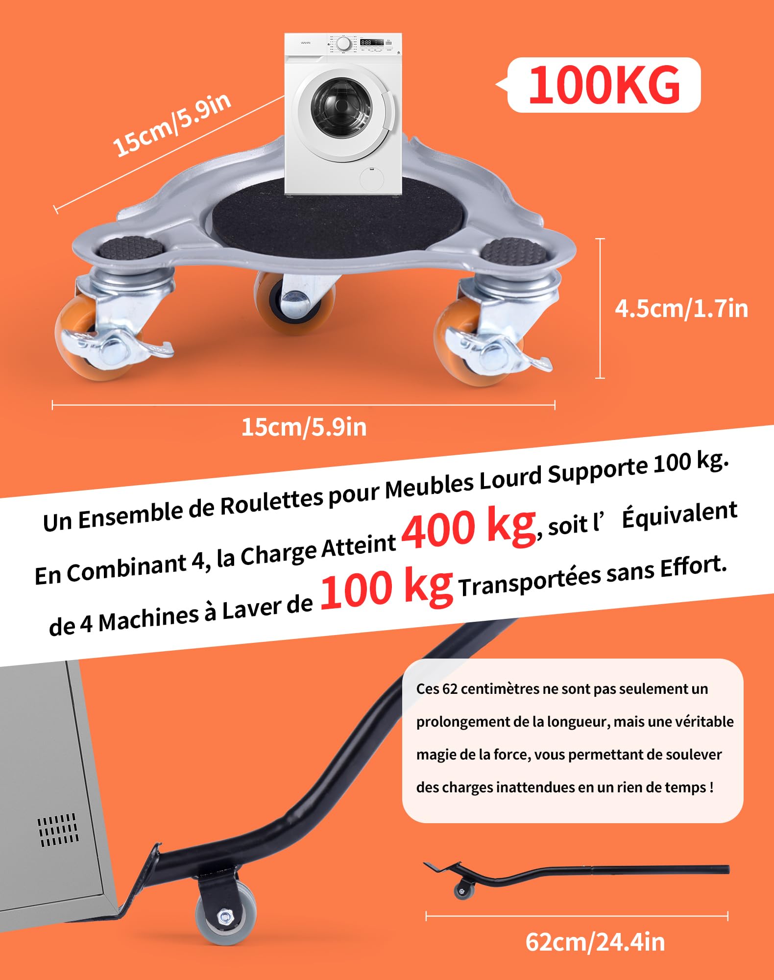 Sollevatore Mobili Pesanti Carico Fino a 400kg Set Sposta Mobili Pesanti Con Ruote Girevoli Robuste 360°, Freno Spostamento per Spostare Mobili, Frigoriferi e Lavatrici