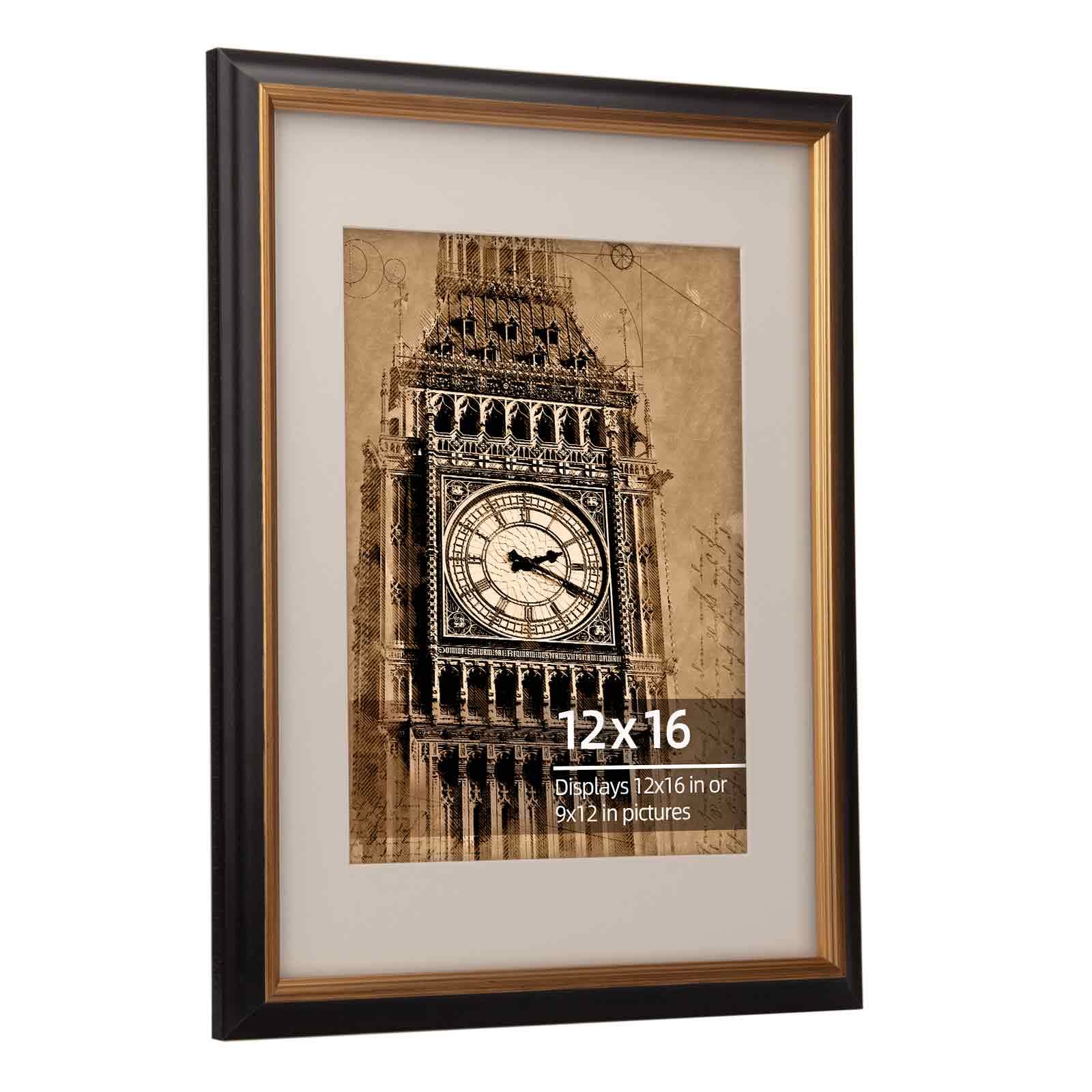 WYNCO 12x16 Wood Black Mahogany and Antique Brass 2 Tone Vintage Retro Picture Frame, With Mat 9x12 inches, Real Wood Classic Profile, Plexiglass Protection, Brass Inner Border