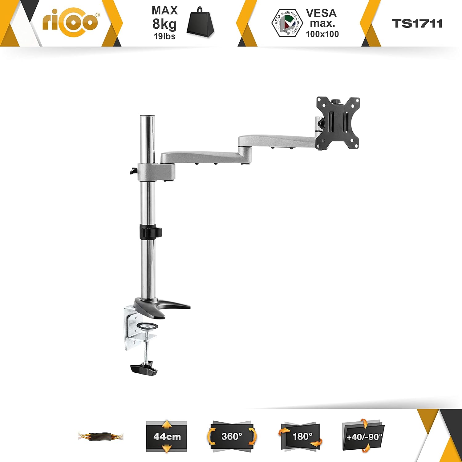RICOO Monitor Stand Tilt TS1711 Swivel 13-30 Inch VESA 75x75 100x100 Adjustable Arm Mounting System LED LCD Screen Desk Mount Silver - Image 3