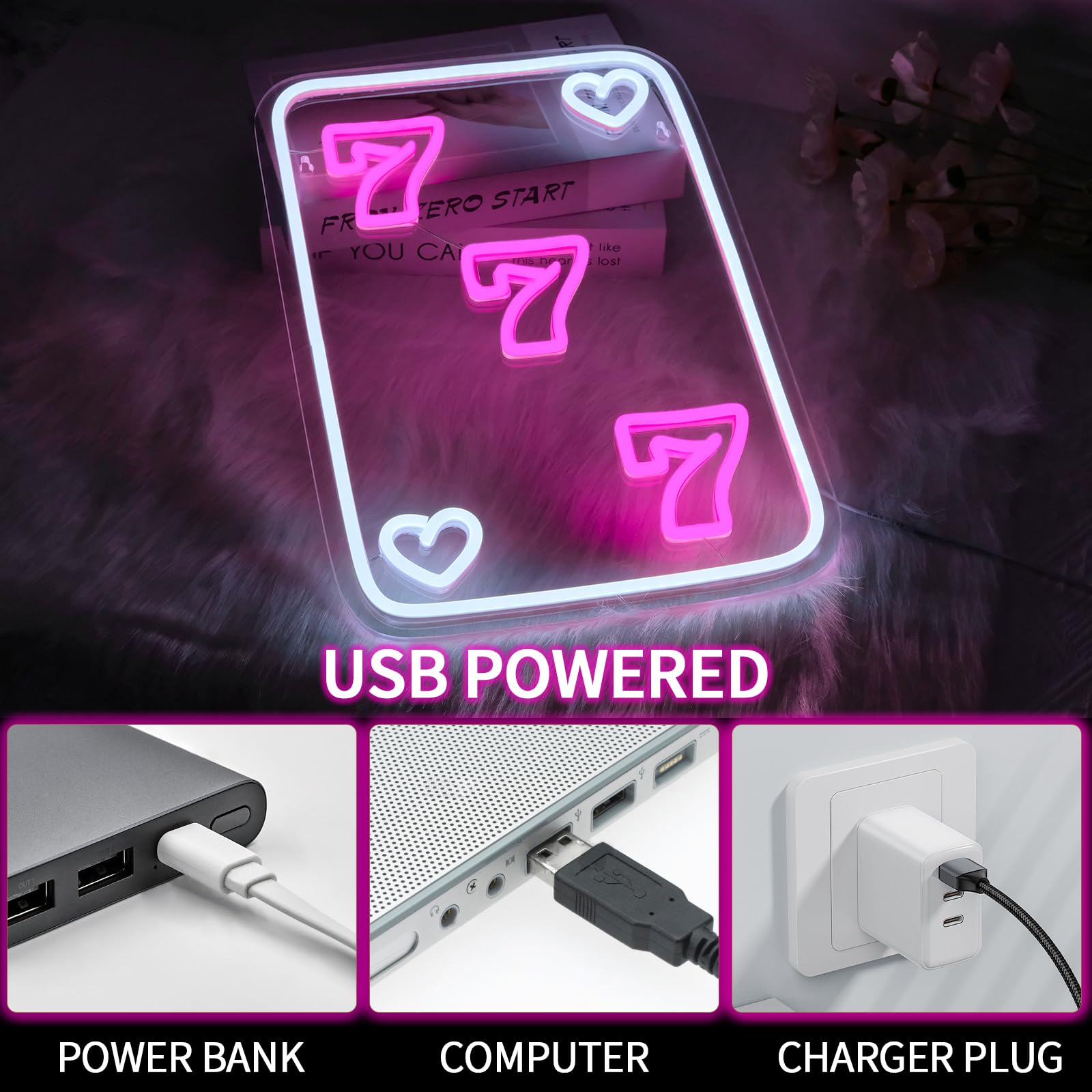 Lucky 777 neonowy znak do dekoracji ścian, przyciemniany, różowy, poker, LED, znaki świetlne do sypialni, szczęścia, siedmiu, neonowe światło do pokoju gier, salonu, dekoracja na imprezę,