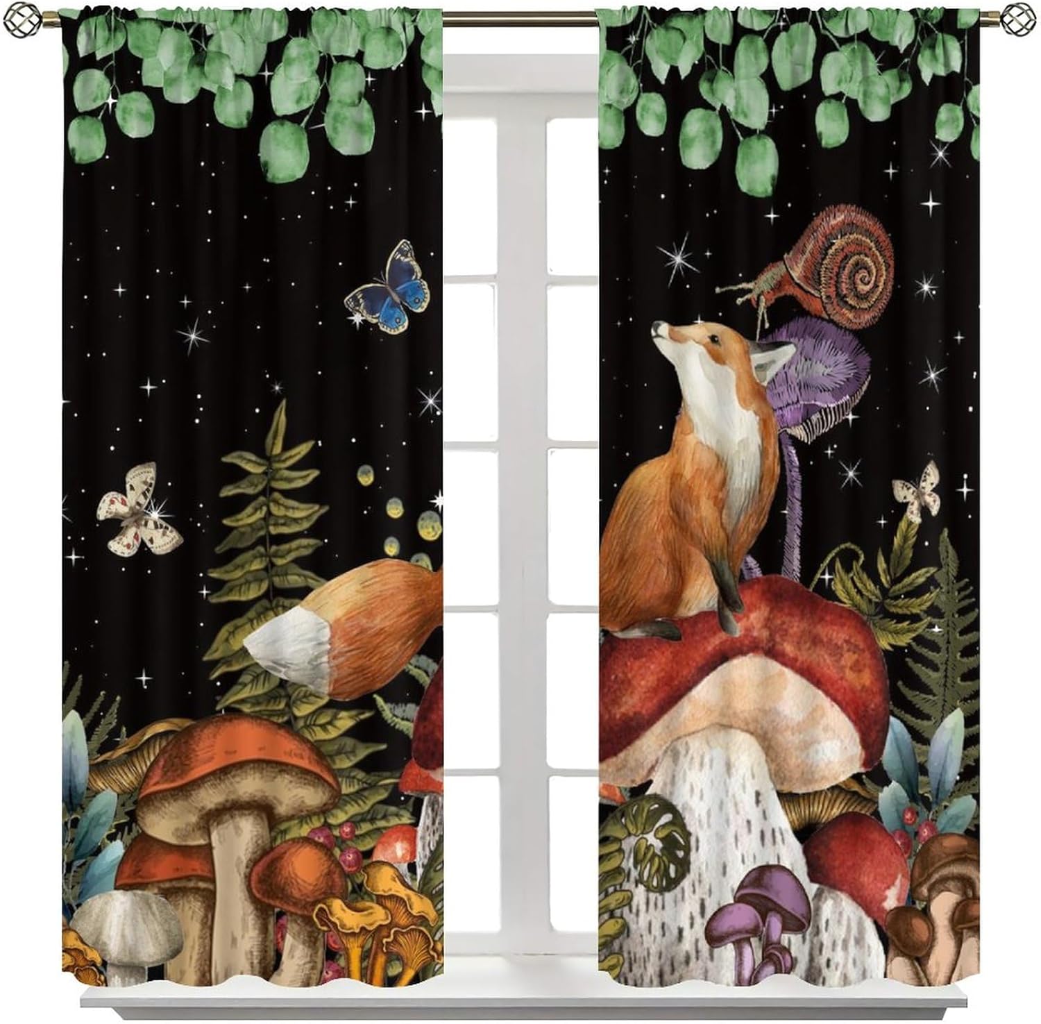 Retro Woodland Animals Fox Blackout Curtains for Living Room,Fantasy Galaxy Forest Mushroom Eucalyptus Butterfly Room Darkening Window Curtains with Rod Pocket - 2 Panels 45" L x 21" W