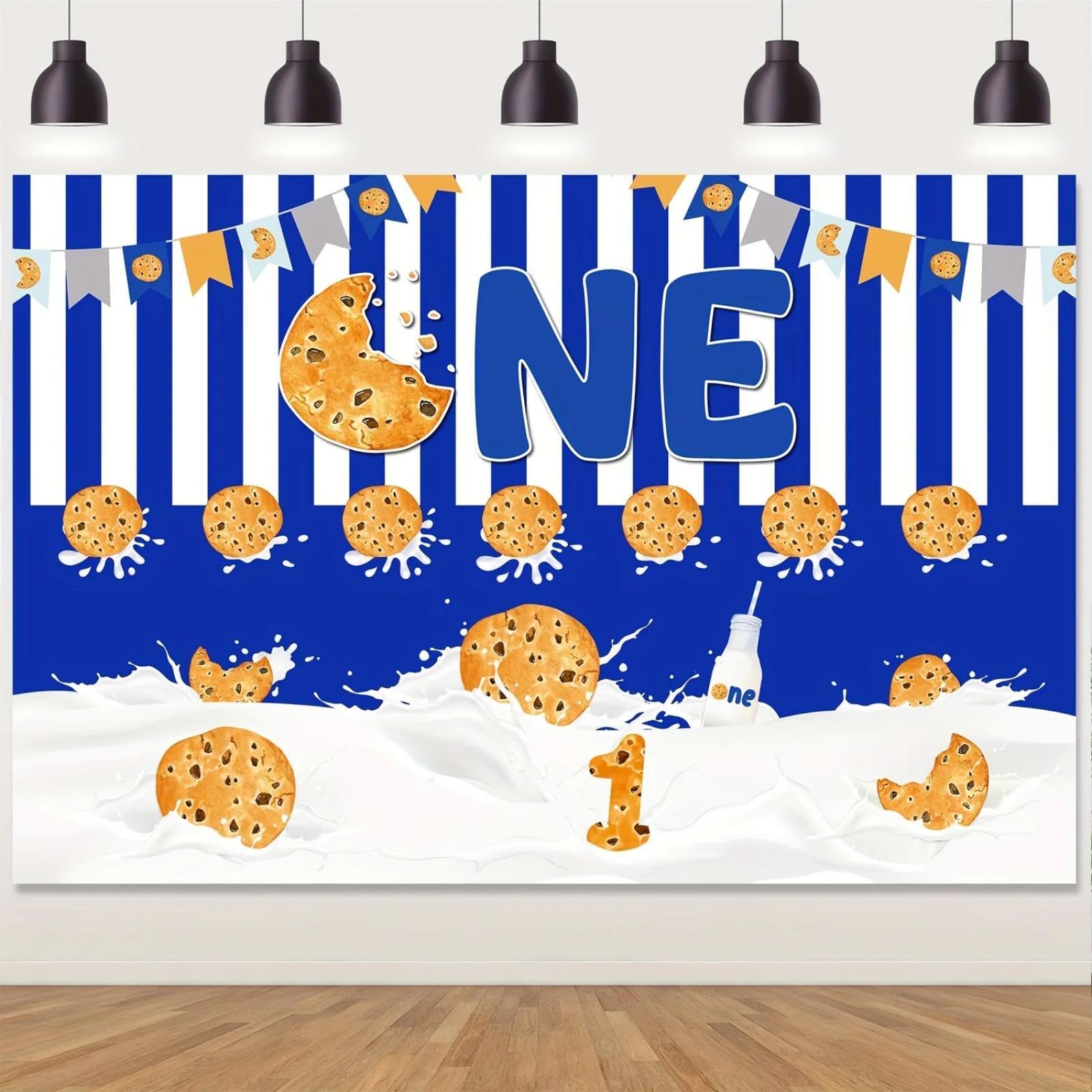 Il tema dei biscotti e del latte dello sfondo del primo compleanno diventa uno sfondo fotografico di sfondo per feste di compleanno