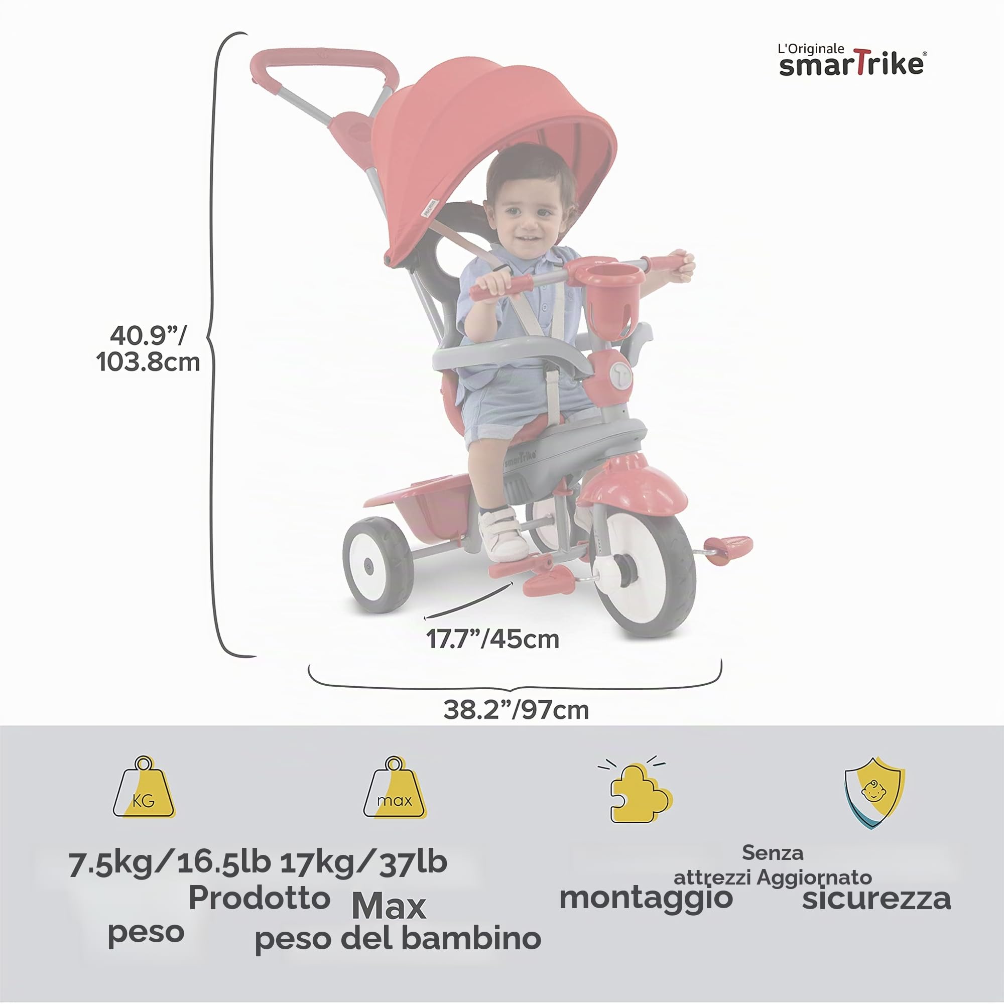 smarTrike Breeze Plus, triciclo regolabile per bambini, dai 15 mesi ai 3 anni, colore: rosso