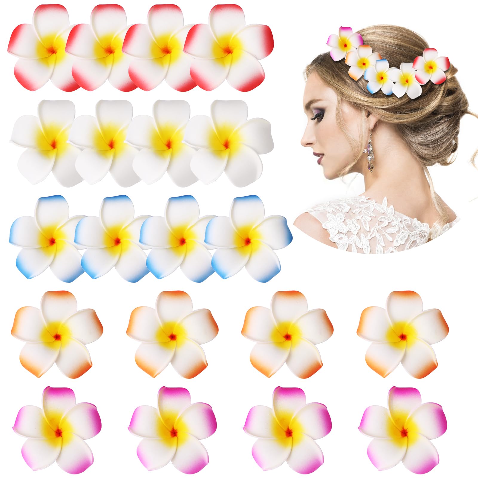 20pcs 2.75 Inch Hawaiian Flower Hair Clips,Hawaii Plumeria Hair Clip Beach Flower Headpieces for Wedding Party (Random)