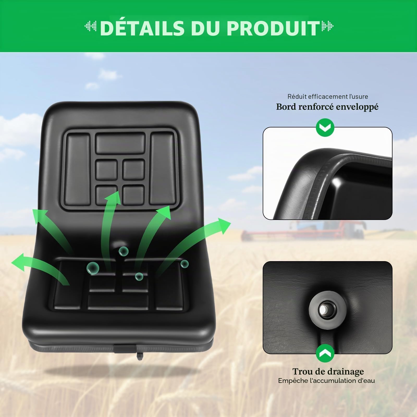 Siège de tracteur, siège de tracteur, siège universel avant/arrière, réglable, avec trou de drainage, siège ergonomique pour tracteurs, tondeuses à gazon, mini-pelleteuses