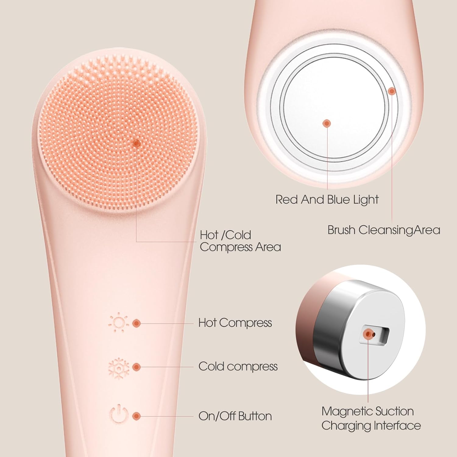 Facial Cleansing Brush,Silicone Face Scrubber,Pore Scrubber for Women Men,IPX7 Waterproof Exfoliating Face Brush,Rechargeable Electric Face Scrub,Pink - Image 8