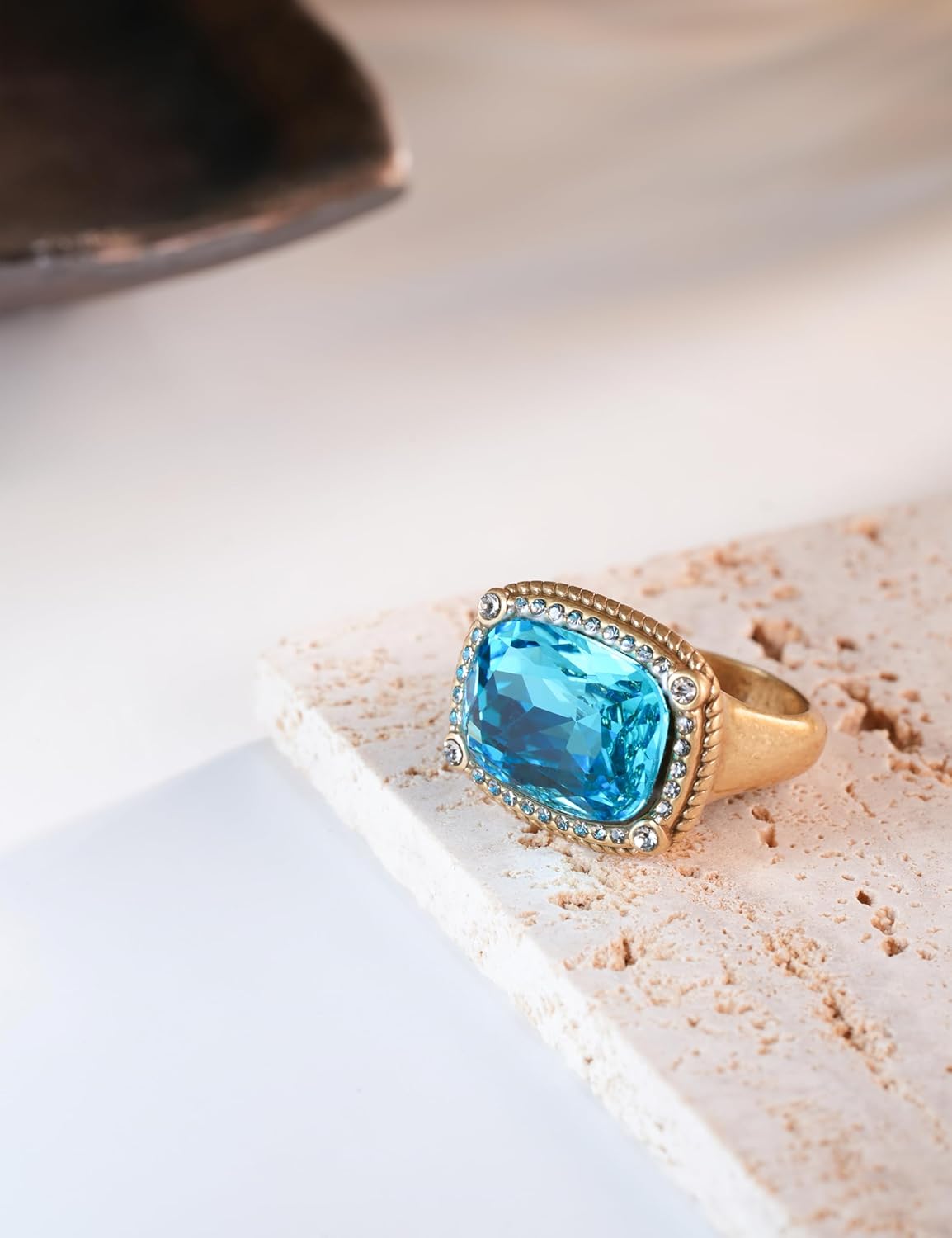 Vintage Gold Plated Ring with Blue Zircon Adjustable Antique Statement Jewelry for Women Size 8-9 - Image 4