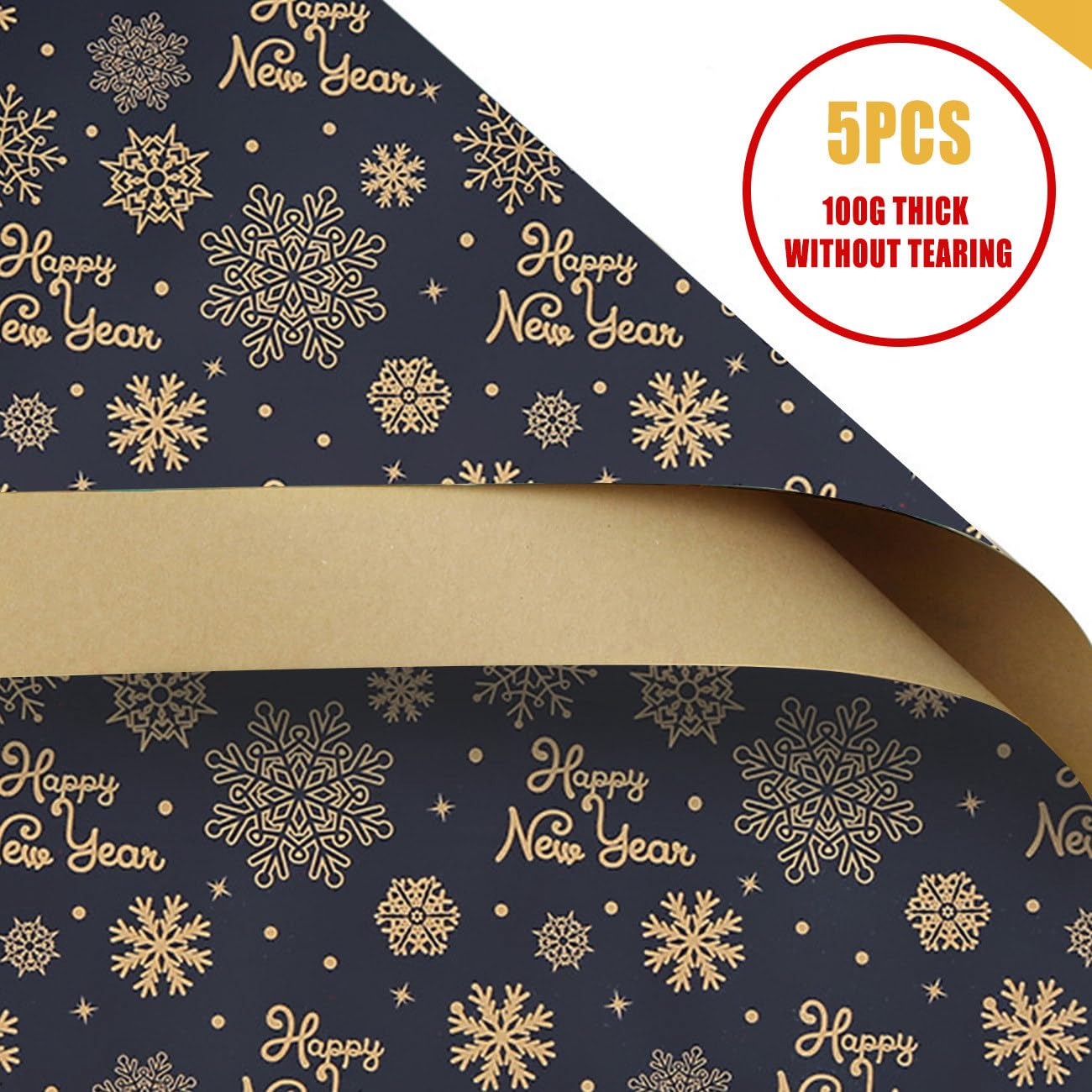Papier Cadeau De Noël Recyclable - 5 Feuilles 70x50 Cm, Motif Flocons De Neige Dorés, Avec Ruban Et étiquettes