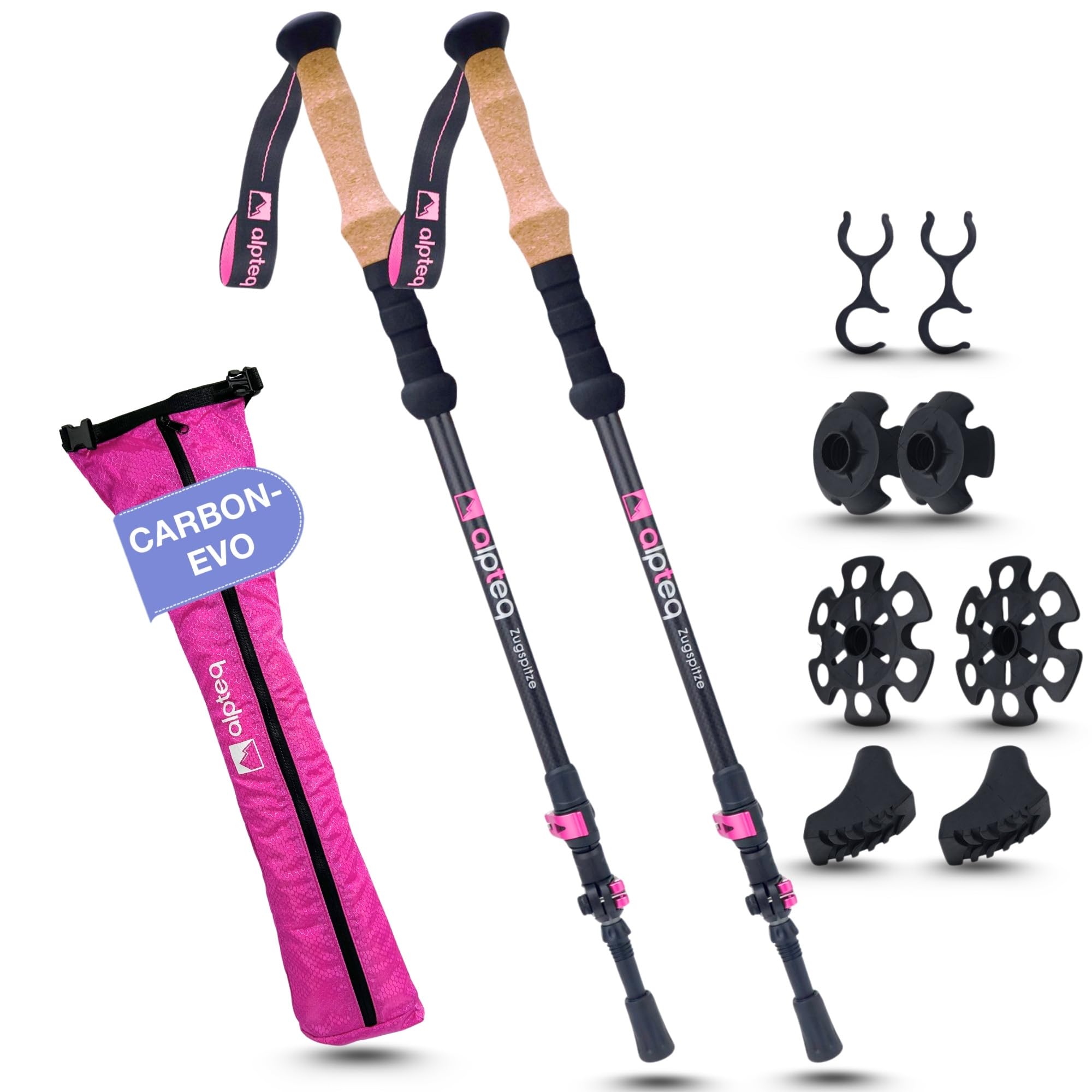 Alpteq® Bastoni da trekking telescopici in carbonio e alluminio con impugnatura in sughero | ultra leggeri per nordig walking | per donne, uomini e bambini | regolabili 65-135 cm