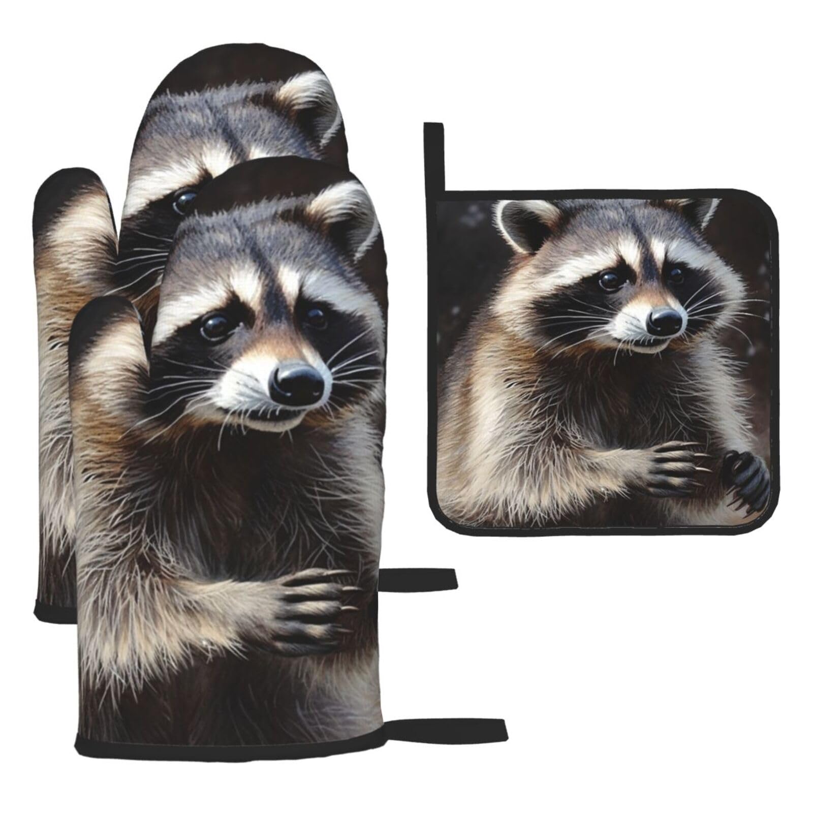 3 Piece Oven Mitts and Pot Holders Set Heat Resistant Oven Gloves and Potholders BBQ Gloves Hot Pads Raccoon Cooking Gloves for Kitchen Baking Grilling