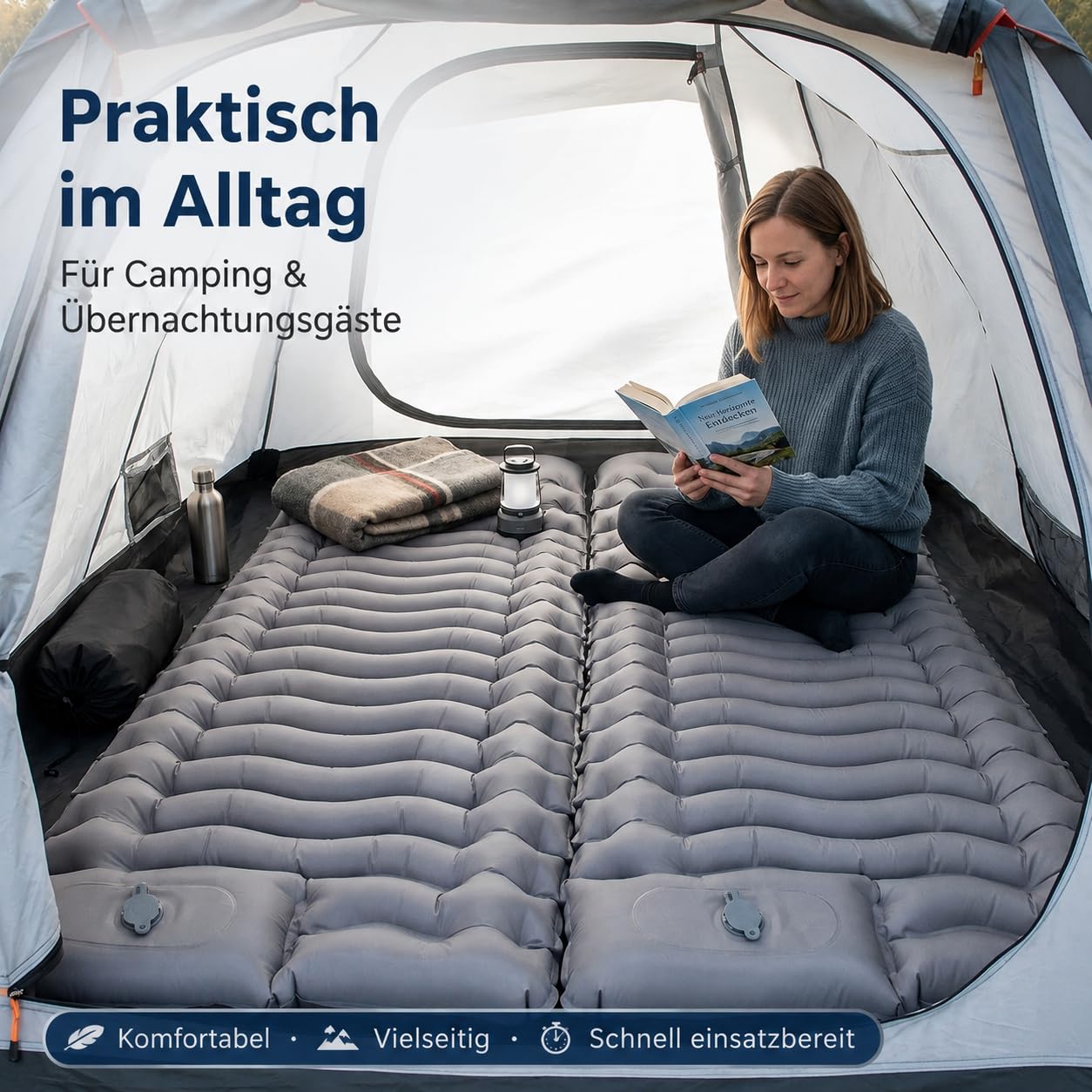 2 Stück Isomatte Camping mit Fußpumpe, 15CM Ultradicke Camping | Luftmatratze , kompakt und leicht für Wandern, Trekking, Outdoor und Strand, Grau
