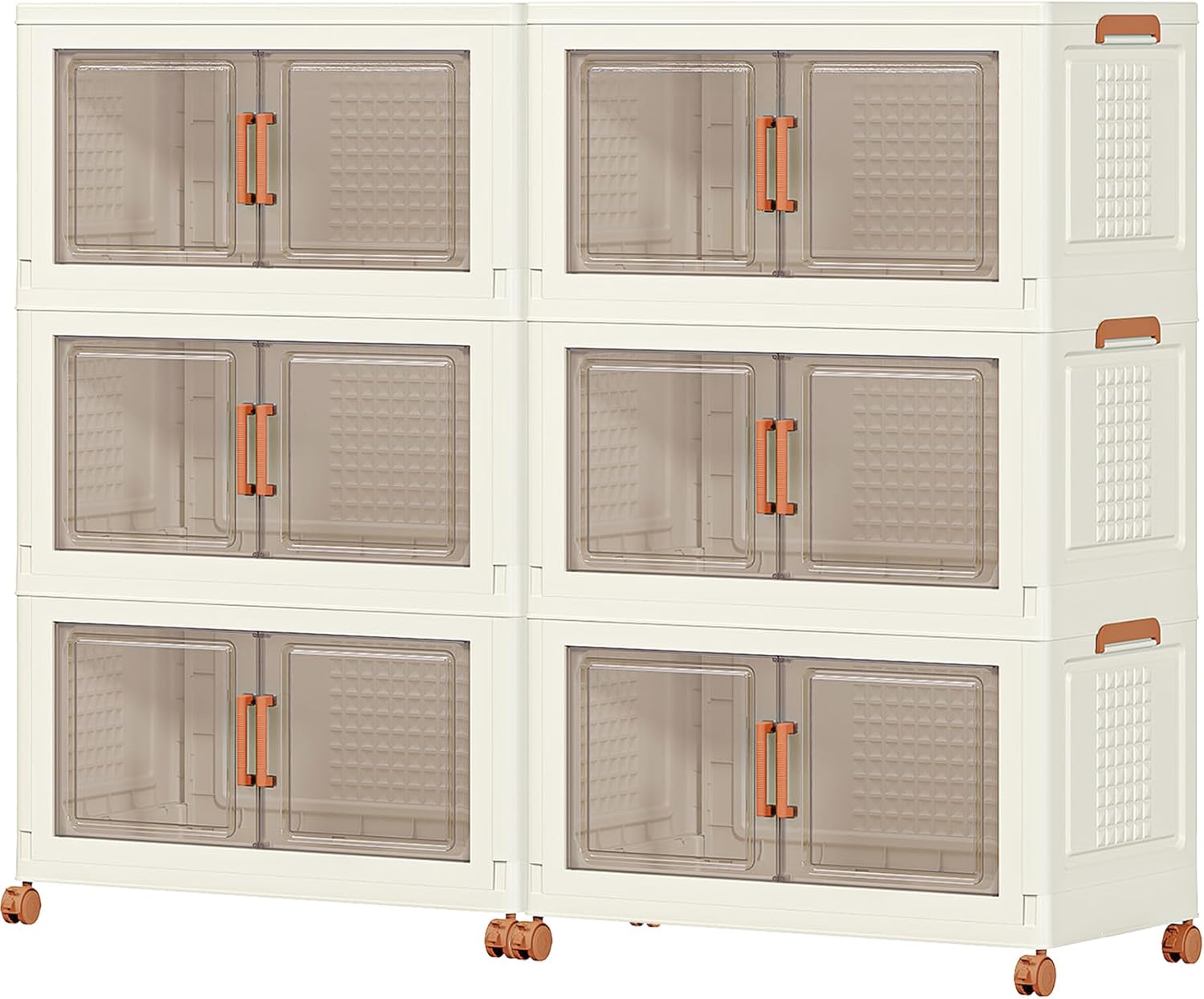 JEKO&JEKO 648Qt Extra Large Plastic Storage Bins with Lids, Stackable Collapsible Storage Cabinets with Doors & Wheels for Home & Office Organization, 6-Pack, Cream