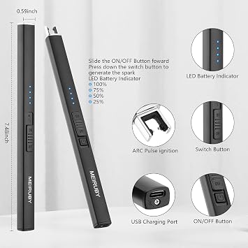 MEIRUBY Lighter Electric Candle Lighter Long Electronic Rechargeable USB Arc Windproof Flameless Lighters for Candle Camping BBQ Birthday Women's Day Gifts for Women Mom Wife Men, Balck