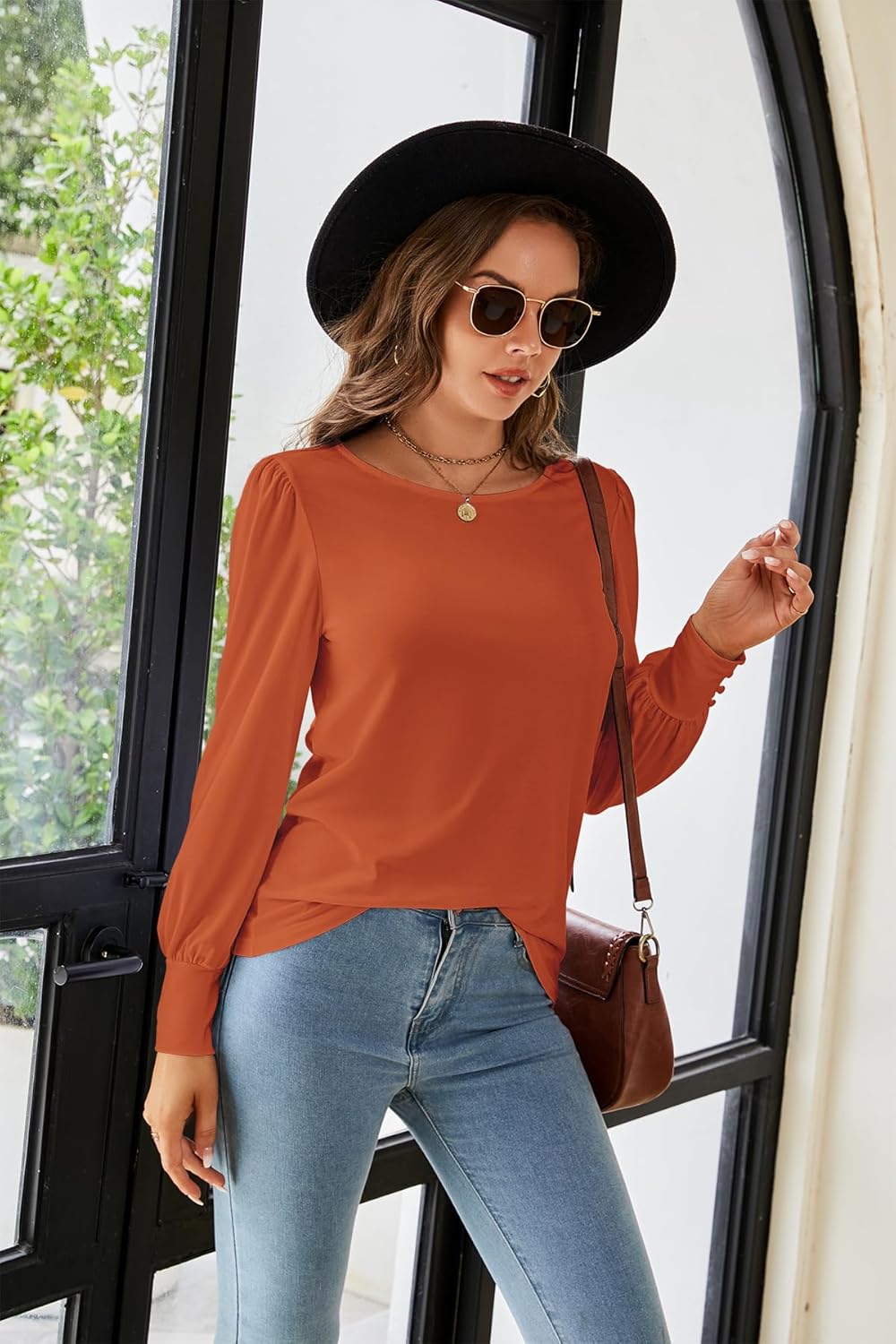 SimpleFun Women's Fall Puff Sleeve Tops Crewneck Casual Loose Blouse Shirts - Image 3