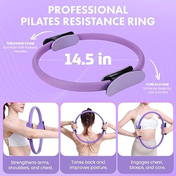 9pcs At Home Pilates Kit for Women Pilates Set Includes 14” Pilates Ring Magic Circle with Dual Padded Handles - Small Pilates Ball Highly Elastic Exercise Resistance Bands Pilates Accessories