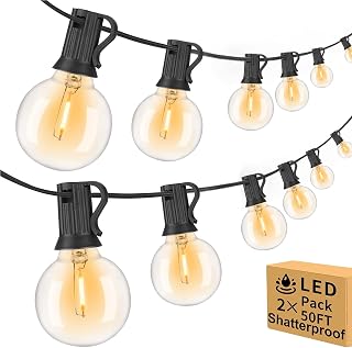 Arbrac 100ft Outdoor String Lights, 2-Pack 50ft Waterproof Connectable Dimmable G40 LED Shatterproof Bulbs UL Listed for Patio Backyard Party