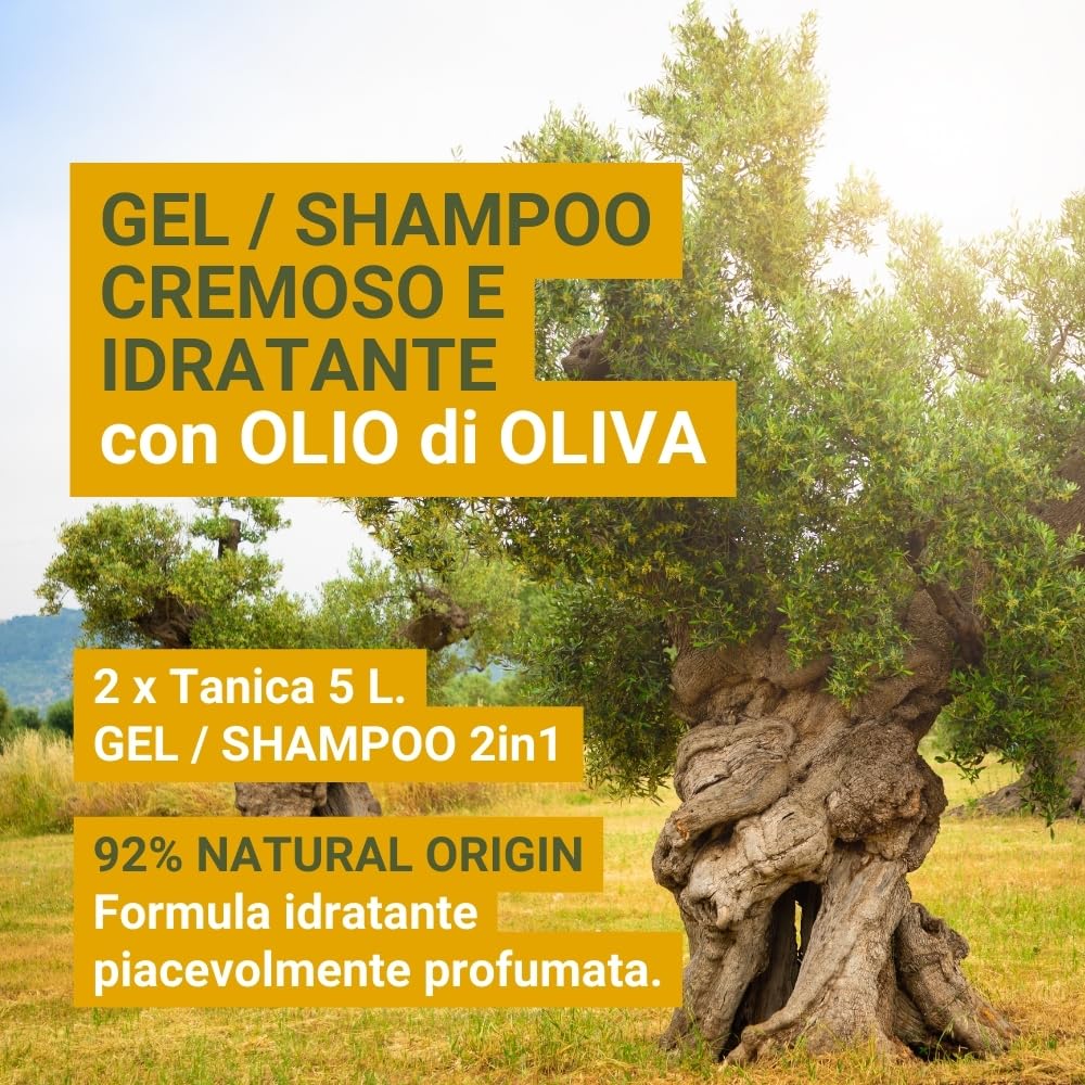 GPQ Gel/Shampoo 2 in 1 OLIVE 5 L Refill Balsamo senza Parabeni 92% NATURAL ORIGIN