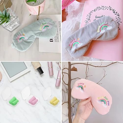 Miniatura 4 de 3 piezas de antifaz para dormir, suave y cómoda, máscara de dormir con estampado de arco iris, cubierta de ojos de felpa con tapones de espuma