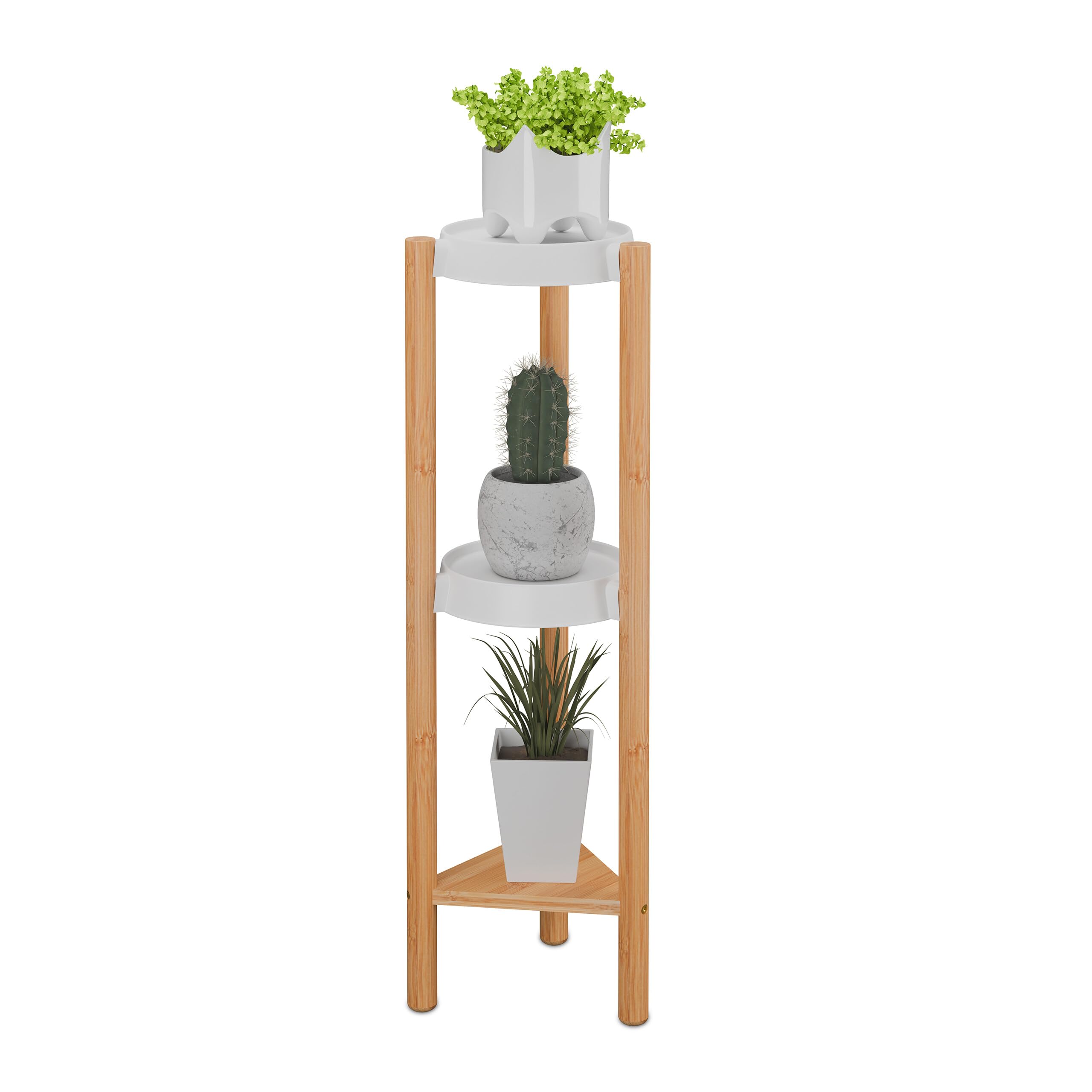 Relaxdays Estantería para Plantas, 3 Baldas, Bambú y Plástico, 78x25x22 cm, Estante Decorativo Flores, Natural/Blanco