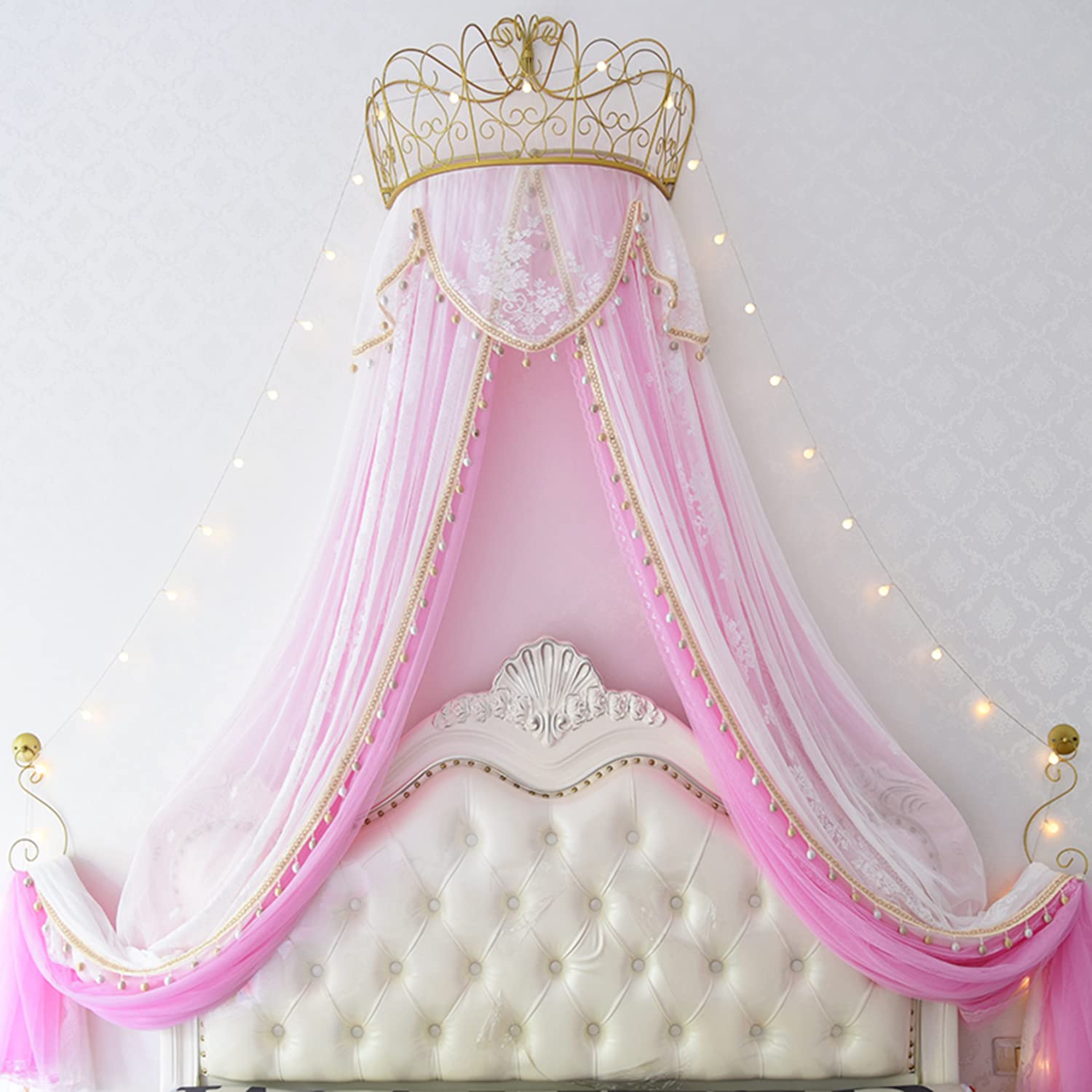 Miuxe Metal Wall Teester Bed Crown Canopy - Antique Crown Wall Decor Princess Bed Curtains for Over Beds or Windows, Lace Mosquito Net Bedroom Decoration Castle Reading Nook Canopies