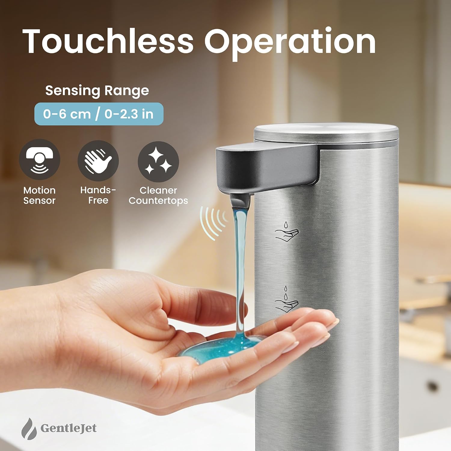 GentleJet OpalDrop Automatic Liquid Soap Dispenser for Kitchen Sink – Touchless No-Drip Pump, USB-C Rechargeable, 304 Stainless Steel, IPX5 Water-Resistant, 270 ml