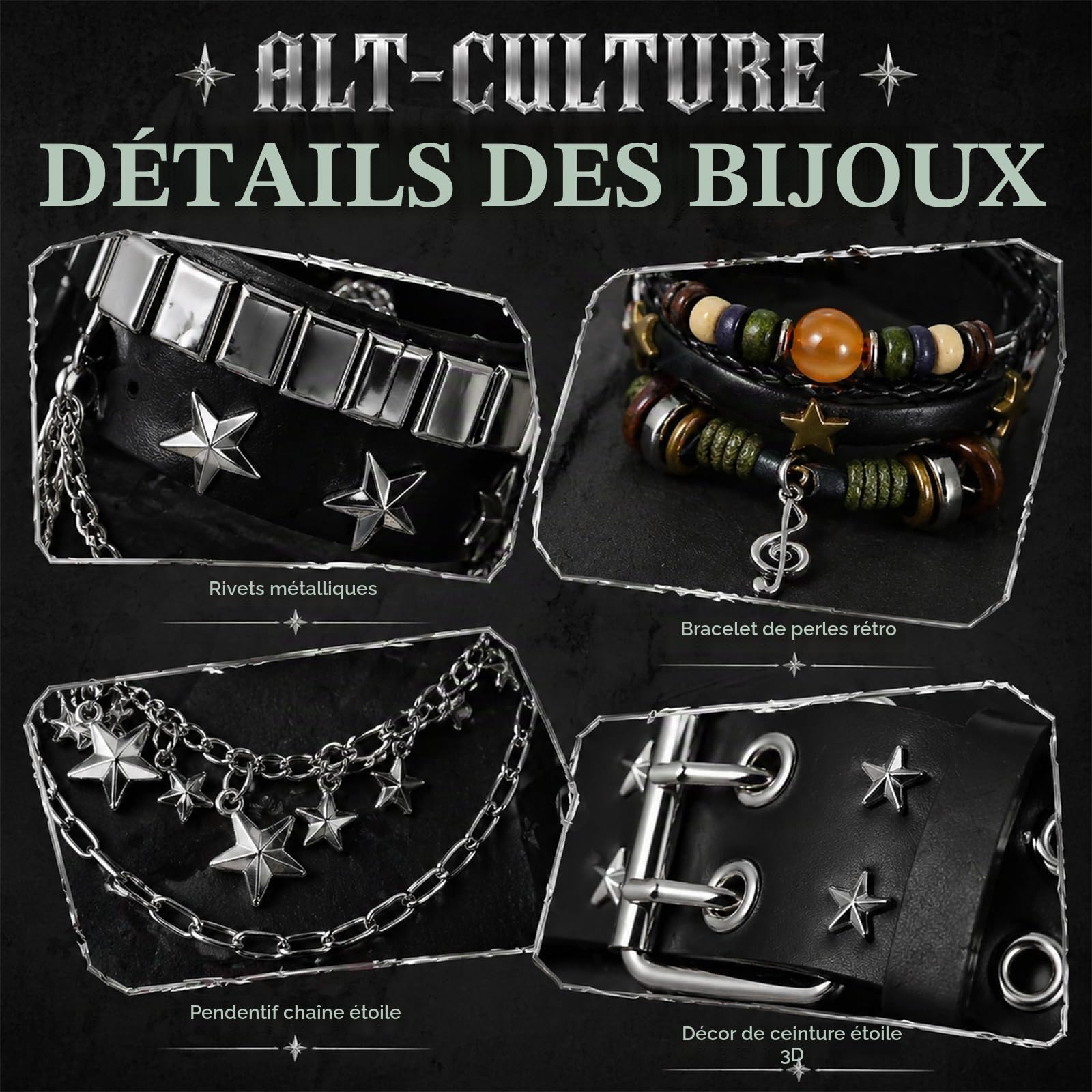 Ensemble de 10 accessoires unisexes Y2K comprenant une ceinture à imprimé étoile, un ensemble de 7 bracelets, un ras-de-cou gothique noir et une chaîne de taille en métal - Cuir noir