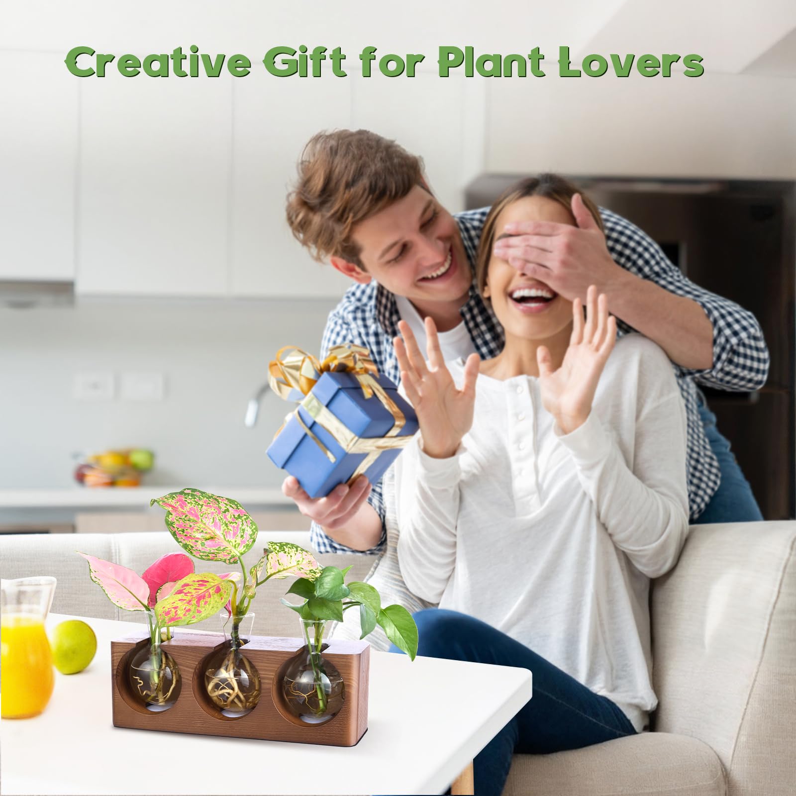Station de propagation de plantes avec support en bois, terrarium avec 4 modes d'éclairage LED réglables à 9 niveaux, 3 vases de propagation en verre pour culture hydroponique, tubes de propagation