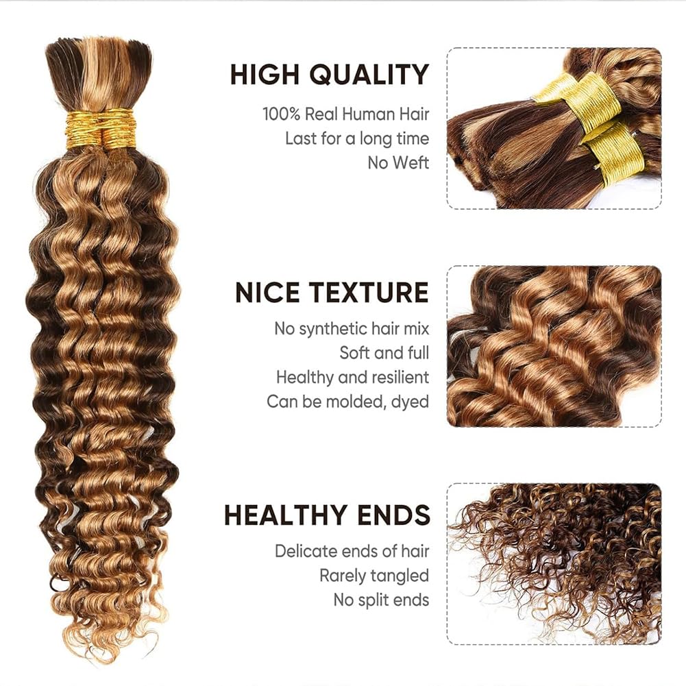 4/27 Honey Blonde Human Braiding Hair Deep Wave Bulk 22Inch 100g Highlight No Weft Curly Hair Extensions for Boho Braids Wet and Wavy Braiding Human Hair 2 Bundles - Image 2