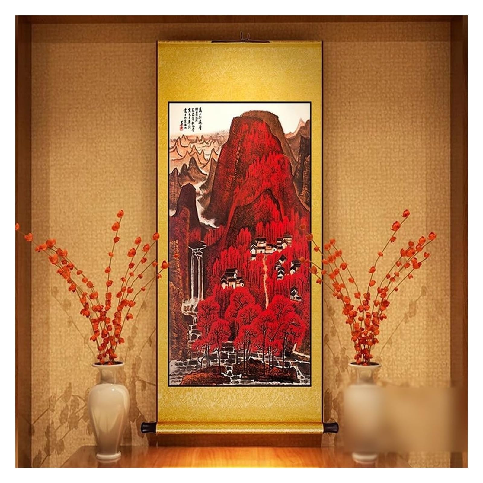 Jesienny obraz z motywem karmazynowej góry, tradycyjny chiński malowany wystrój, wiszący element Feng Shui do salonu, prezent urodzinowy(Yellow,79L x 186W cm)