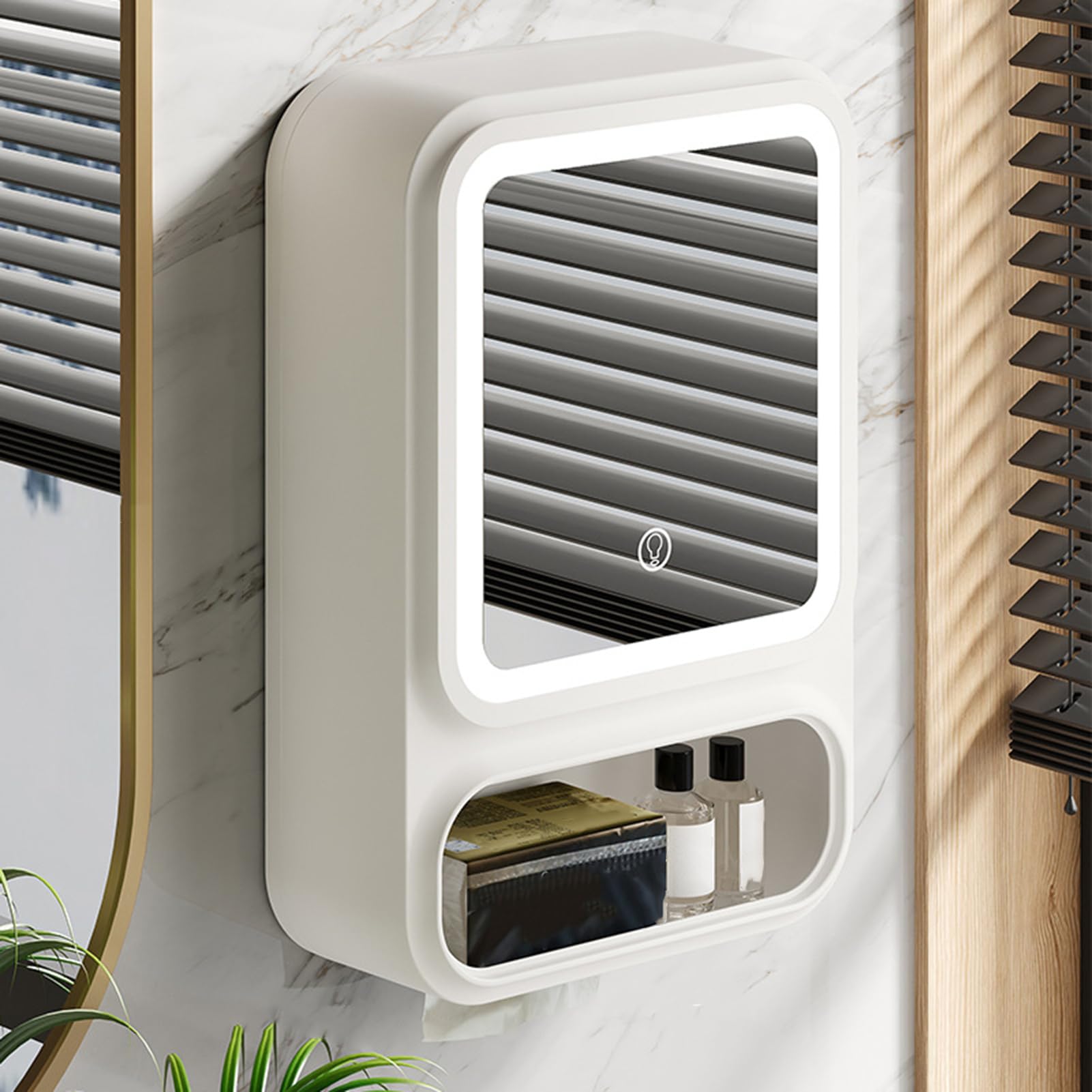 Mobiletto Specchio Bagno Con Luci LED – 42x28x11,5 Cm, Ripiano Regolabile, Dispenser Carta – Design Moderno, Impermeabile, Per Trucchi E Shampoo