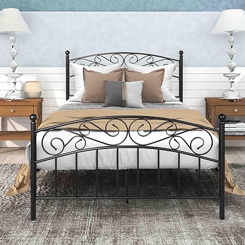 Base de cama matrimonial de metal, plataforma moderna con cabeceroestribo, cámaras de base de colchón, base de cama resistente, no necesita somier,