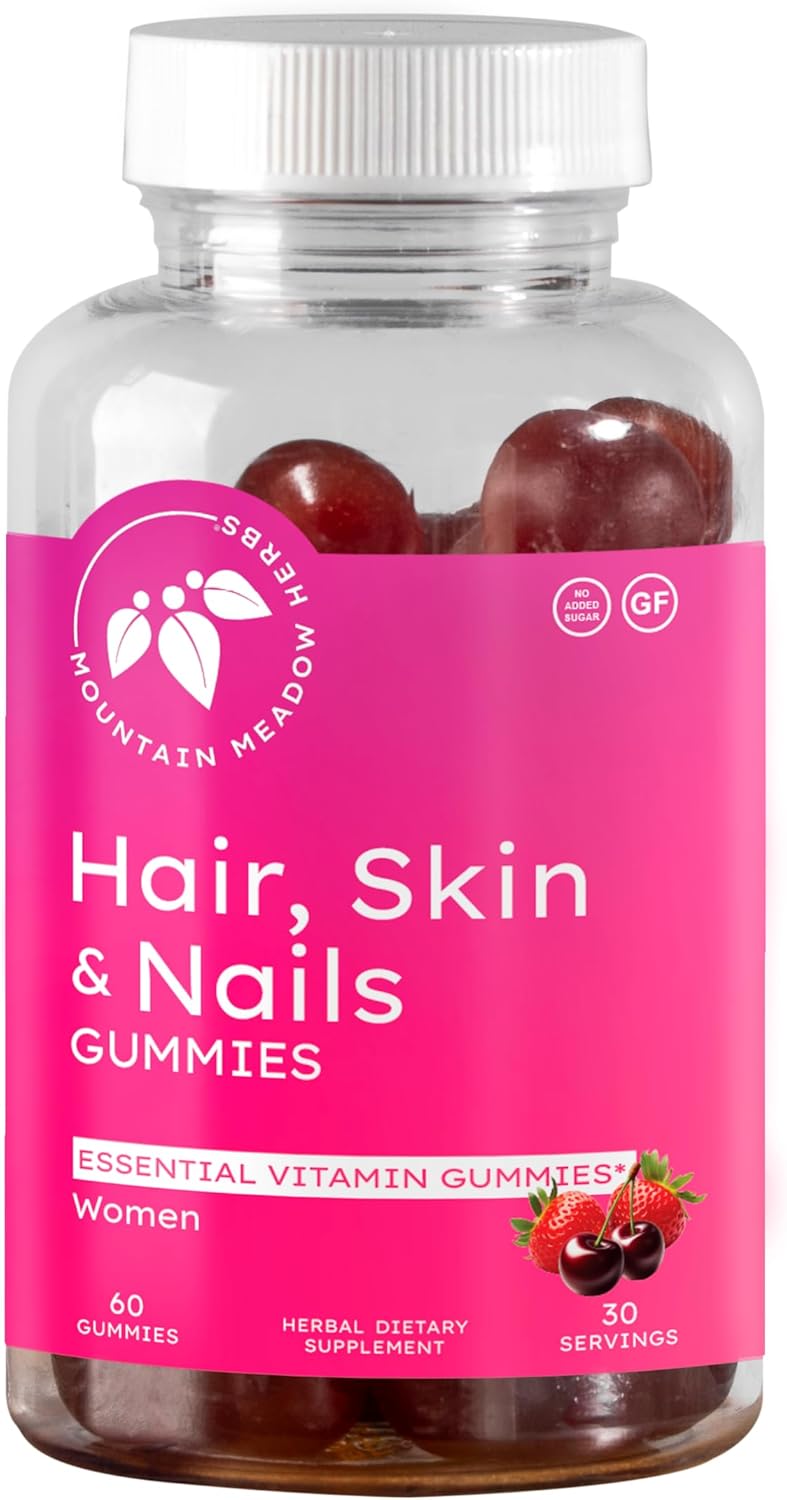 Mountain Meadow Herbs Hair, Skin and Nails Gummies – Essential Daily Support for Lush Hair, Strong Nails, and Radiant Skin with Biotin-Infused Gummies (60 ct)
