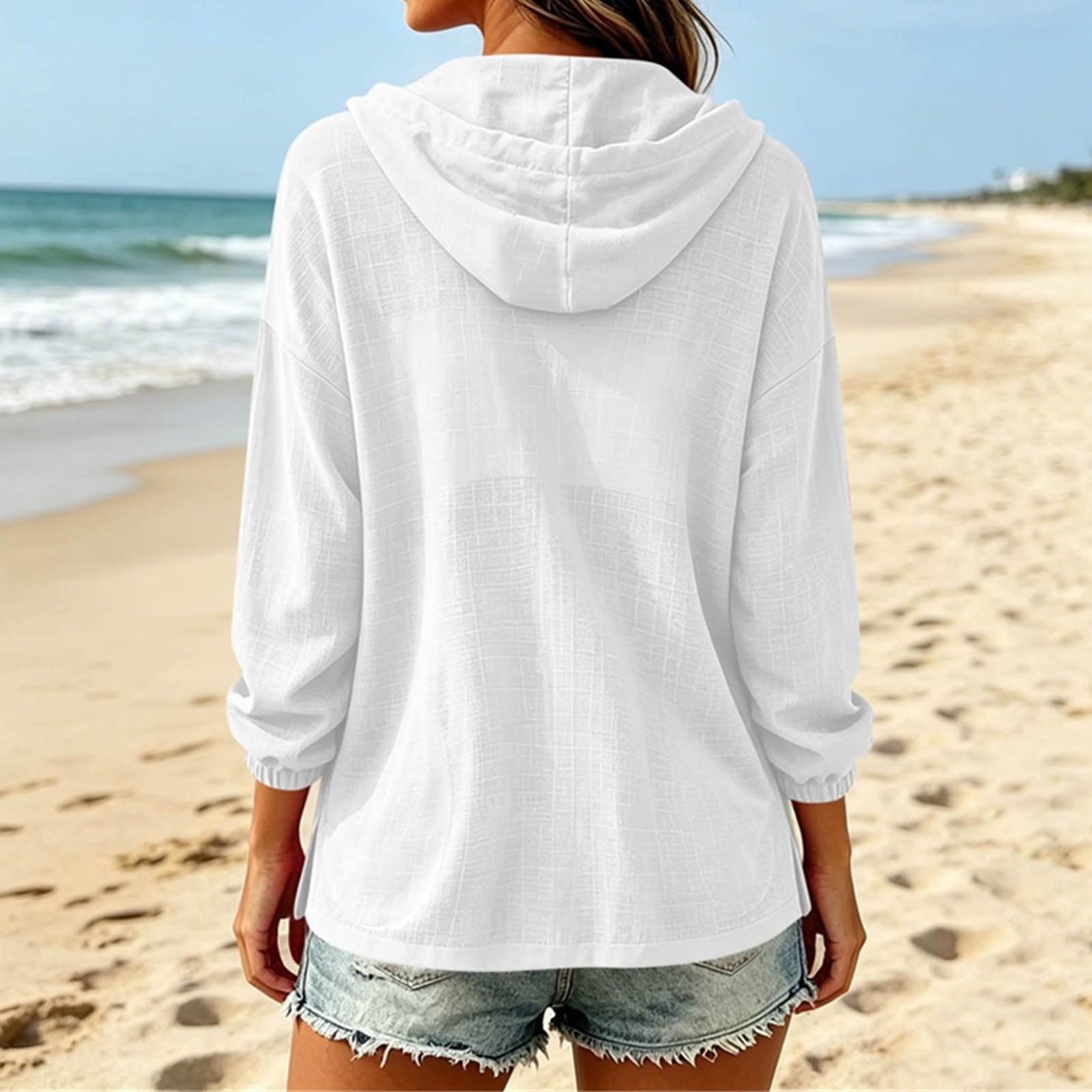 Hoodie Damen Reißverschluss Baumwolle Leinen Kapuzenjacke Leichte Sommer Herbst Sweatjacke mit Kapuze Übergangsjacke Sweatshirt für Frauen Langarm Kordelzug Taschen Locker Bequem Kapuzenpullover