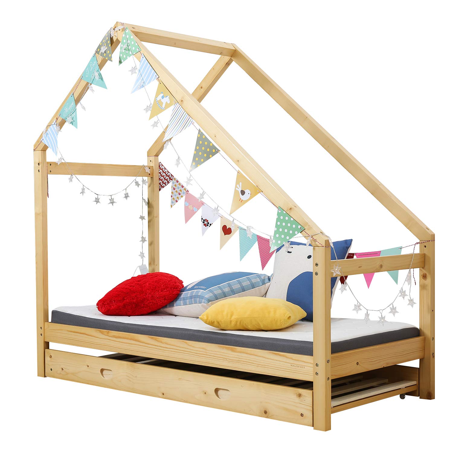 Bestmart House Bed Frame Premium Wood Floor Bed Children Toddler Bed, Comfort & Safe