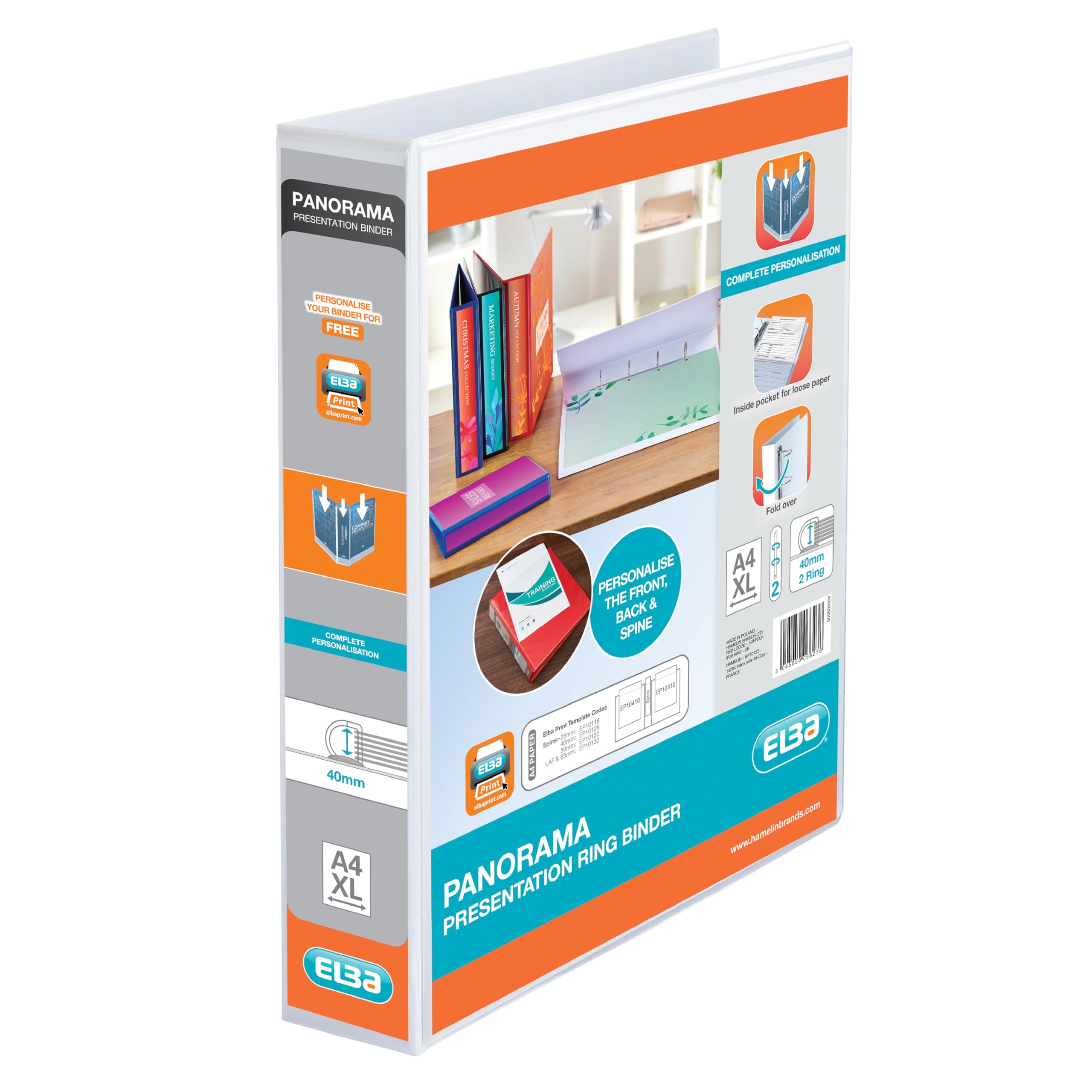 Elba A4 2 D-Ring Binder, 40mm capacity, 60mm spine, Presentation Folder with Customisable Cover, Portrait, White (Single)
