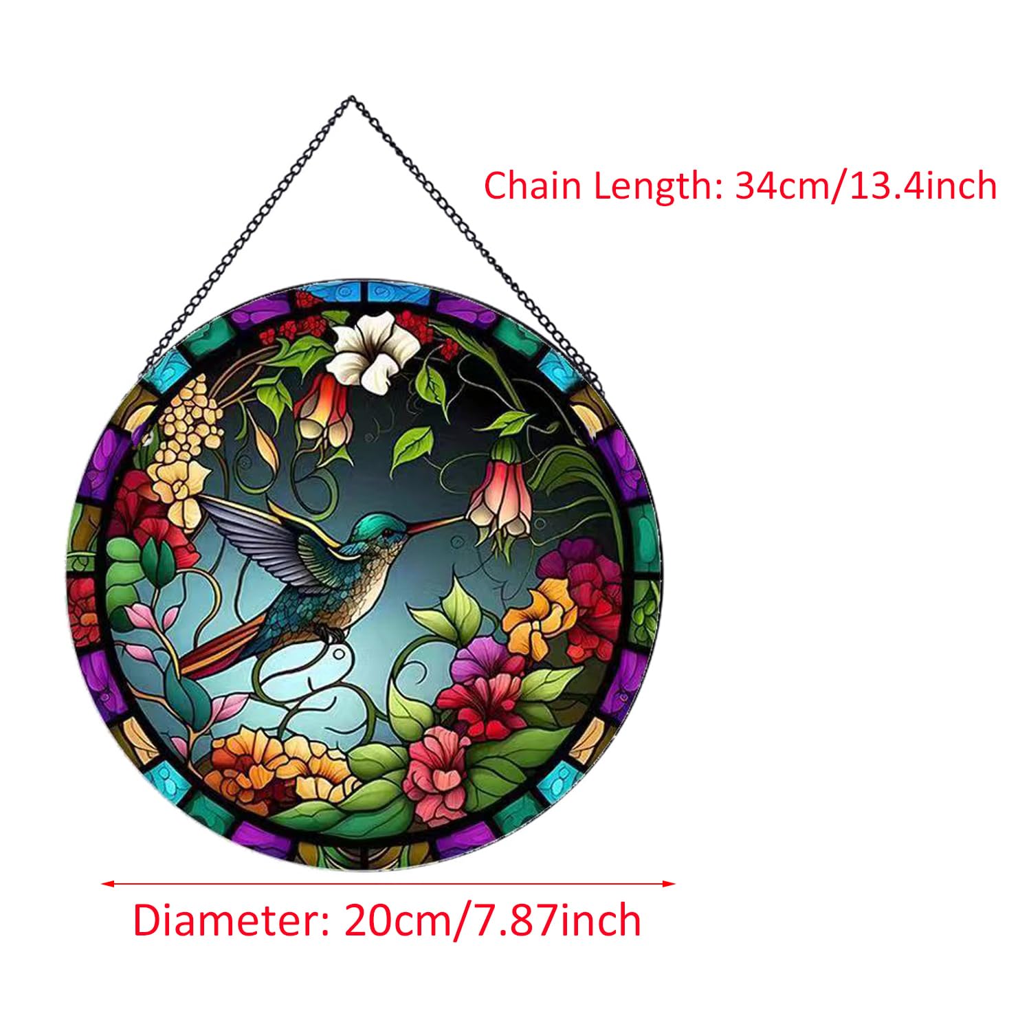 Payutou Hummingbird and Flower Pattern Suncatcher with Stained Glass for Hanging for Windows 20 cm, Hand-painted Suncatcher - Image 2