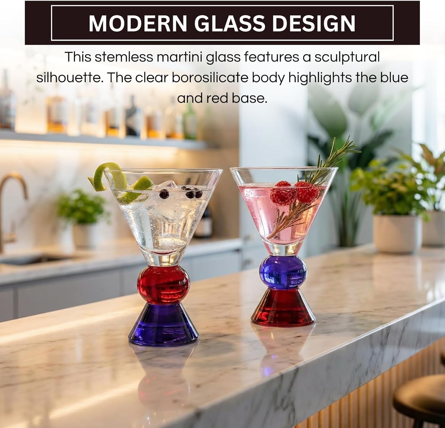 Khen Stemless Martini Ritual Glassware, Set of 2, 5oz Clear Borosilicate Cocktail Cups with Blue and Red Colored Bases for Vodka Gin Mixology, Modern Minimalist Home Bar Entertaining Gift
