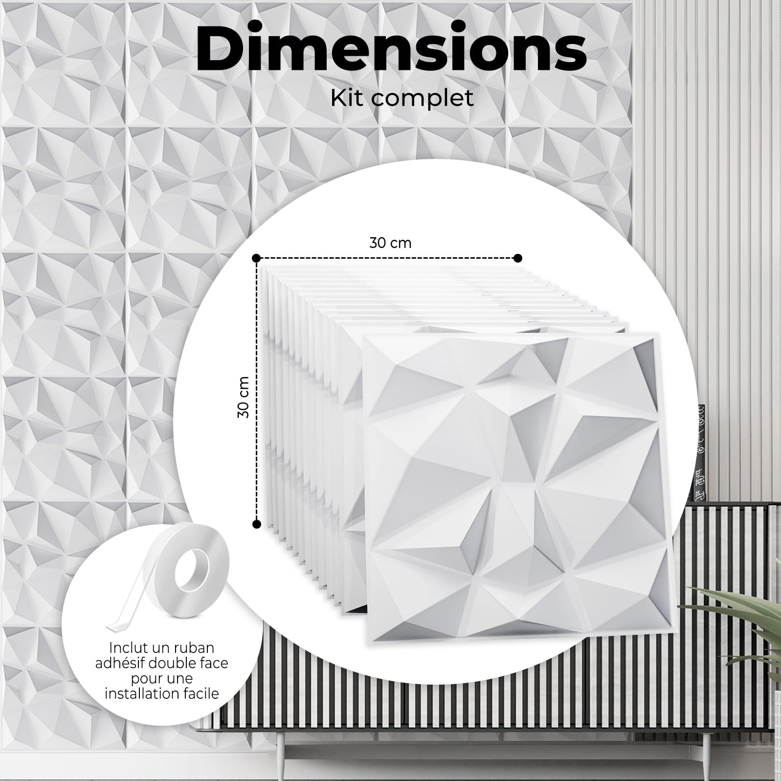 AMARA DECO - 30 Pièces Panneau Mural Decoratif 3D 30x30cm avec Ruban Adhésif Double Face – Panneaux Acoustiques Muraux Résistants à la Chaleur et Faciles à Nettoyer