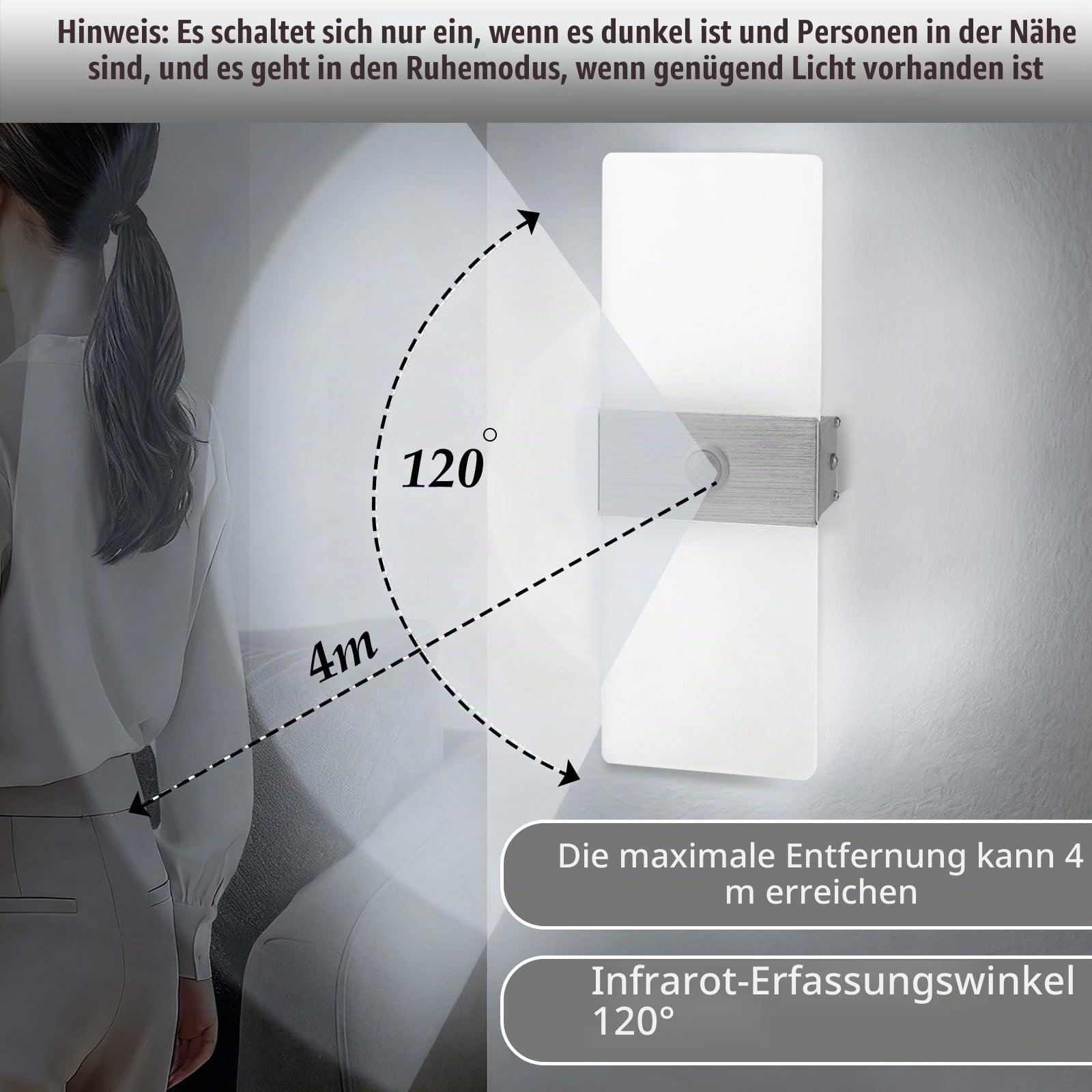 2 Stück LED Wandleuchte mit Bewegungsmelder 12W Wandlampe Innen 6500K | JaneYi Kaltweiß Moderne Wandbeleuchtung Innen Acryl Aluminium Lampe Wand für Flur Treppenhaus Balkon Wohnzimmer Schlafzimmer