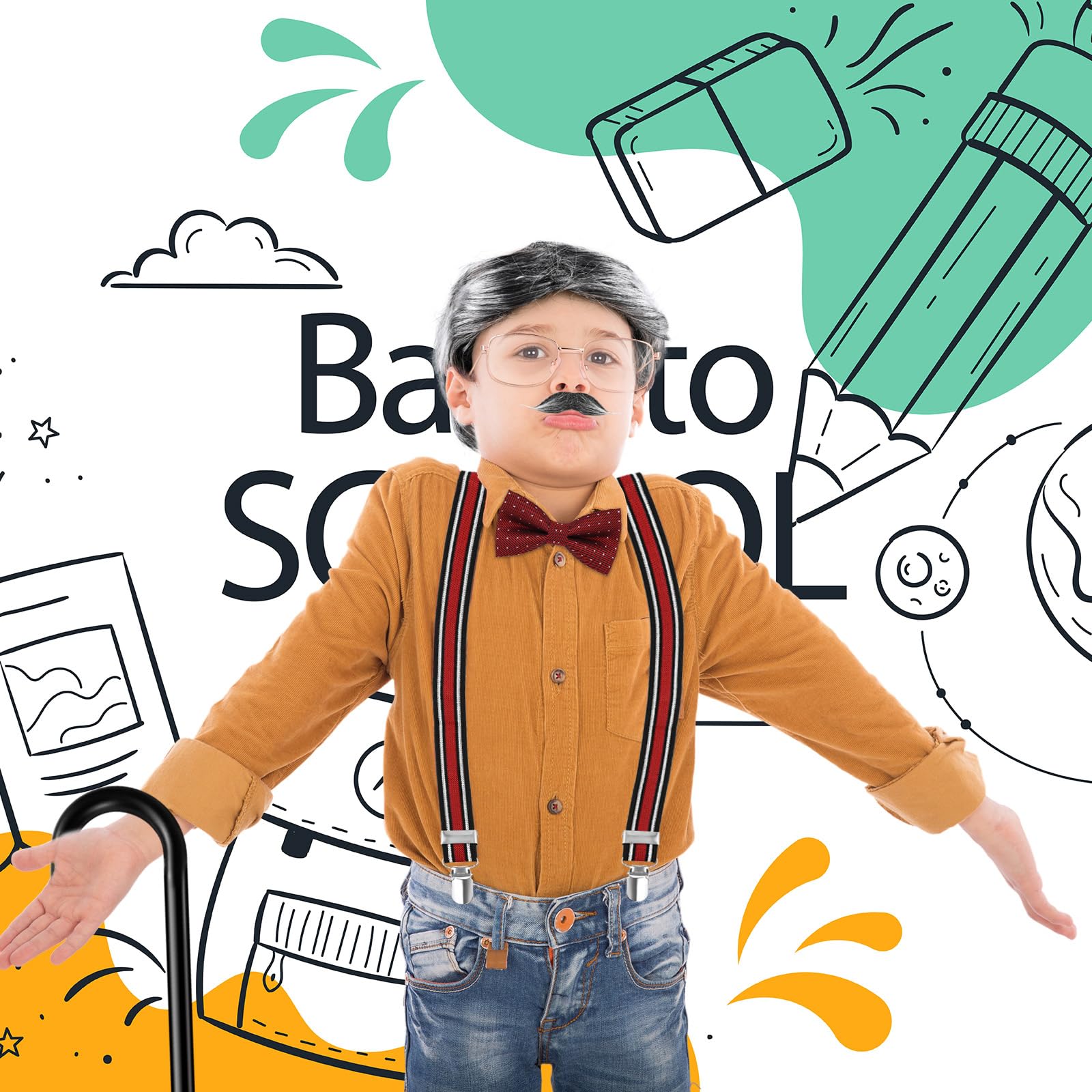 Matiniy 100 Day of School Cosplay Costume Kit Including Red Bow Tie Suspender Cane Glasses for Kids Party Accessories Supplies