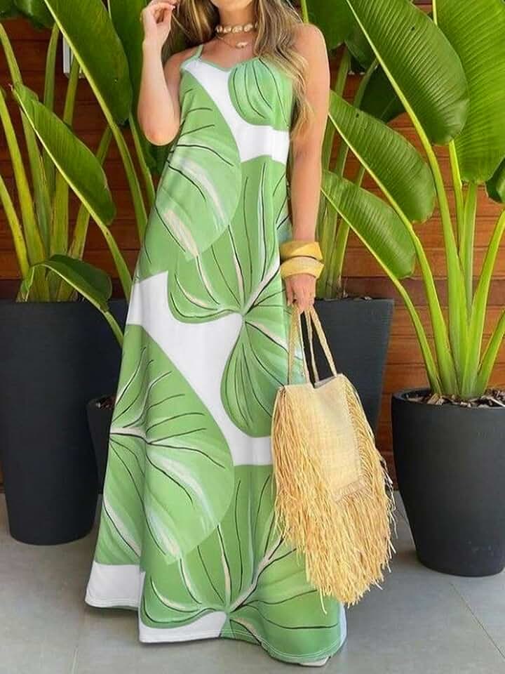 Vestido maxi feminino com estampa de folhas, gola V, alças finas