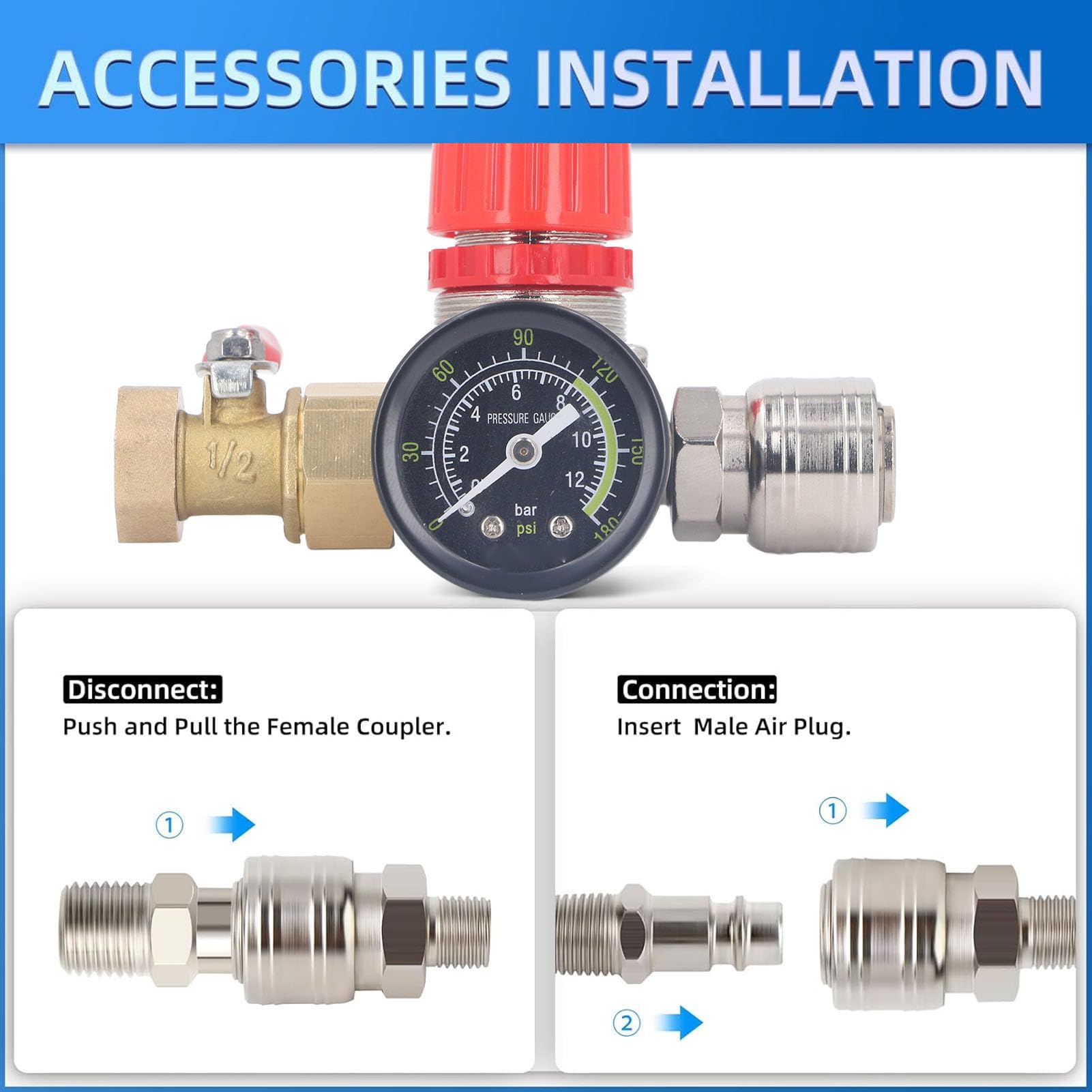 Marhynchus Régulateur du Compresseur D'air avec Jauge 0-180psi 4 Voies de Vanne pour Outils Pneumatiques avec Bouton de Réglage en Plastique (1/2 pouce)