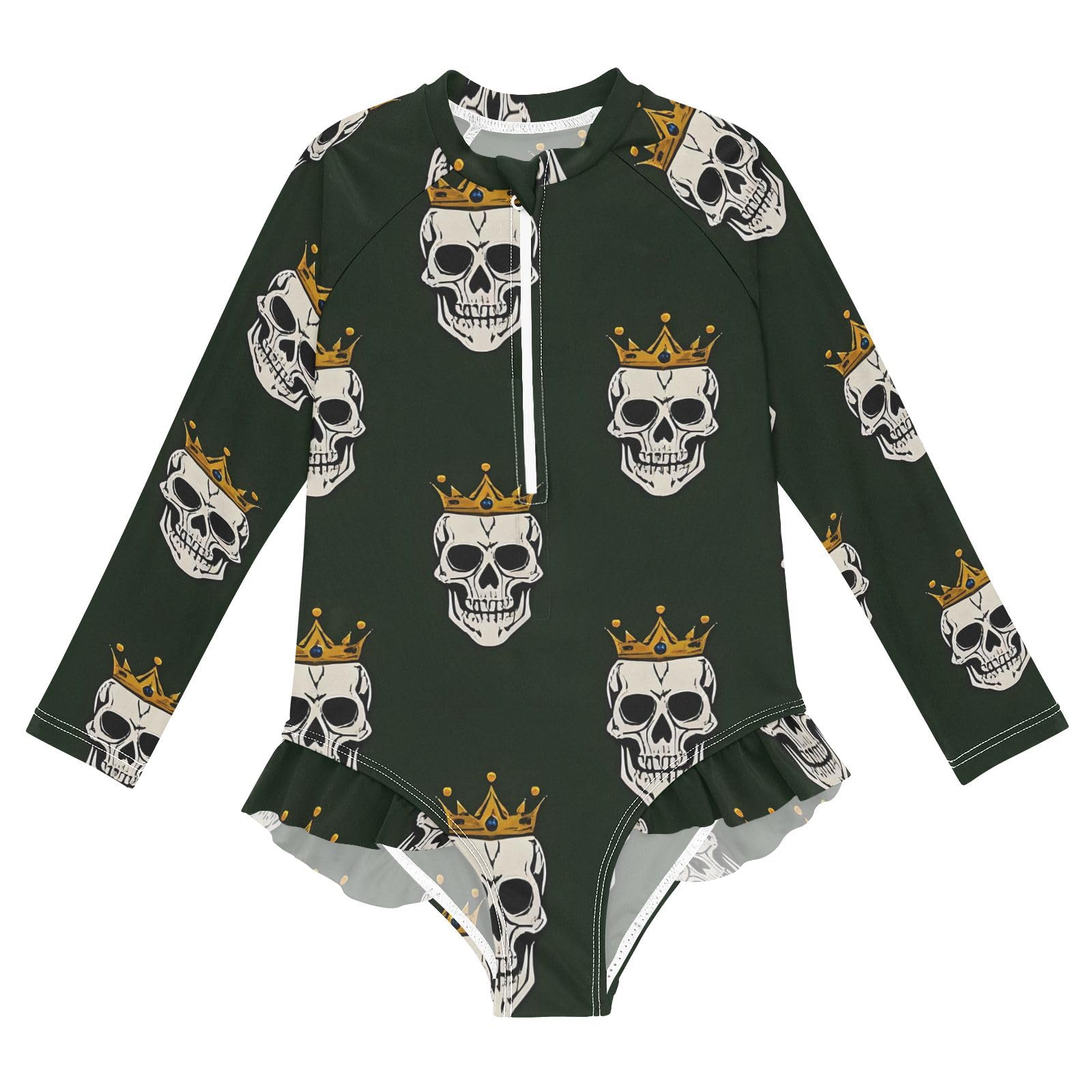 ALAZA Swimsuit for Girls Long Sleeve Rashguard Bathing Suit Skull Head Crown Quick Dry 4T