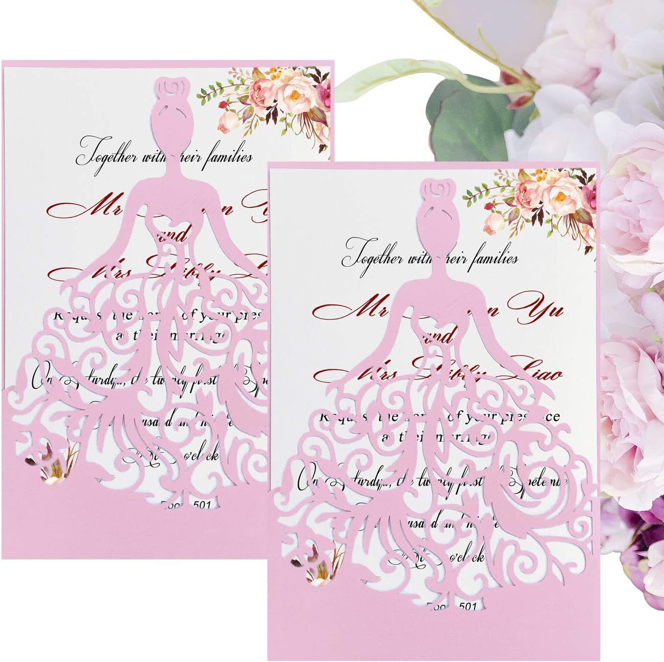 Gold Fortune 50 Packs Laser Cut Quinceanera Wedding Invitations with RSVP Cards Kit and Envelopes for Party Favors (Girl-Pink)