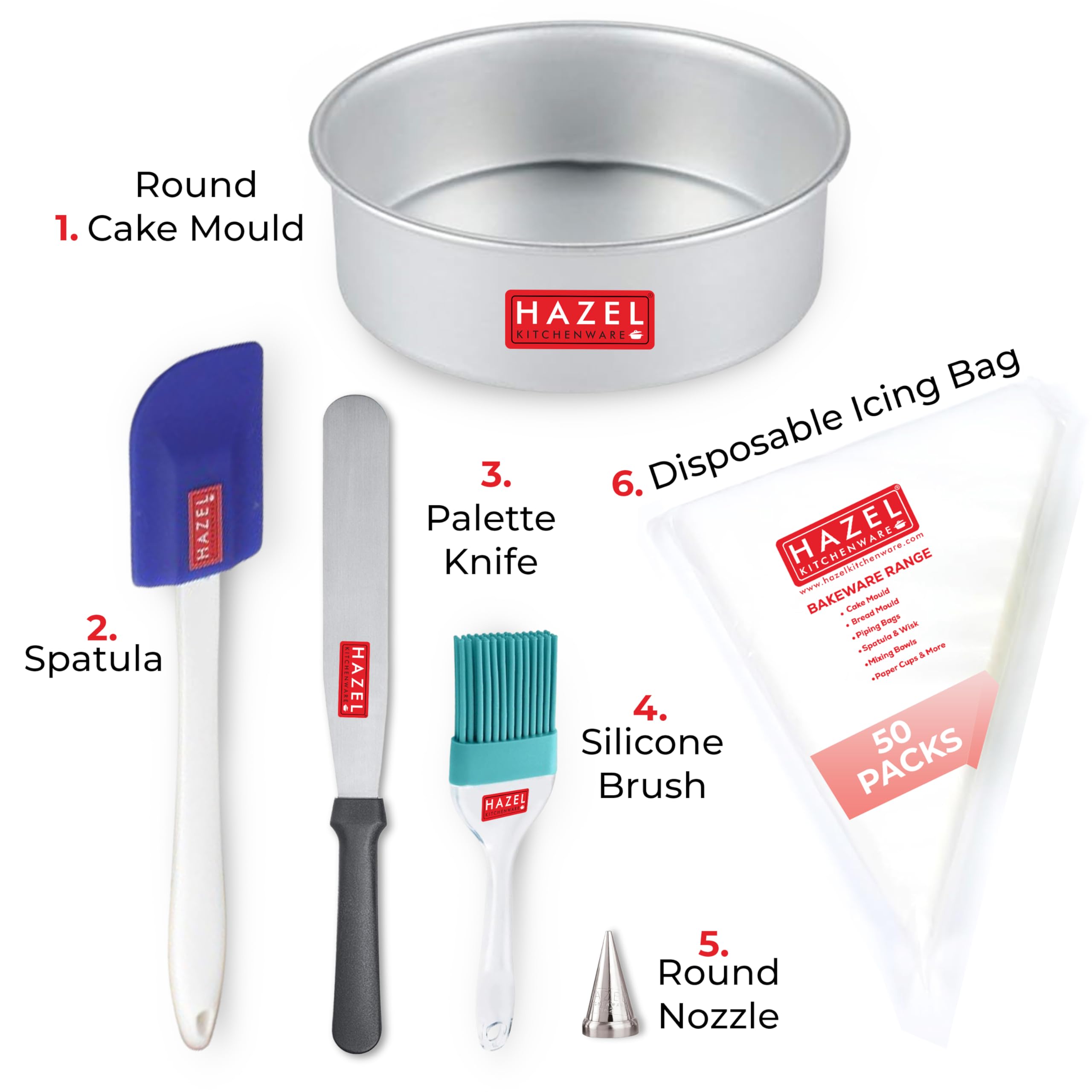 HAZEL 6-Piece DIY Bakeware Combo Set (Cake Mould, 50 Piping Bags, Nozzle, Statula, Silicon Brush, Pallet Knife) 4
