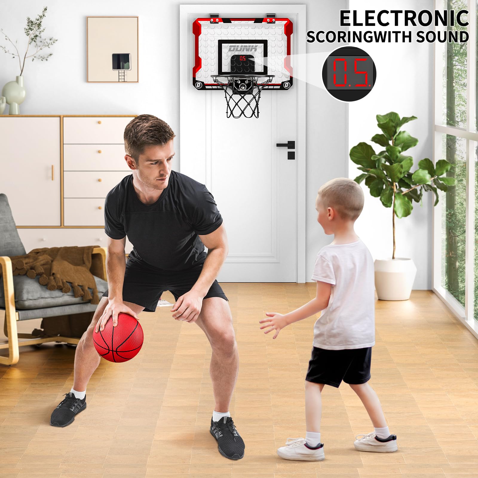 TEMI Basketballkorb Indoor, Mini-Basketballkorb mit 4 Bällen & elektronischer Anzeigetafel, über der Tür Basketballbrett, Basketballspielzeug für Jungen Mädchen Alter