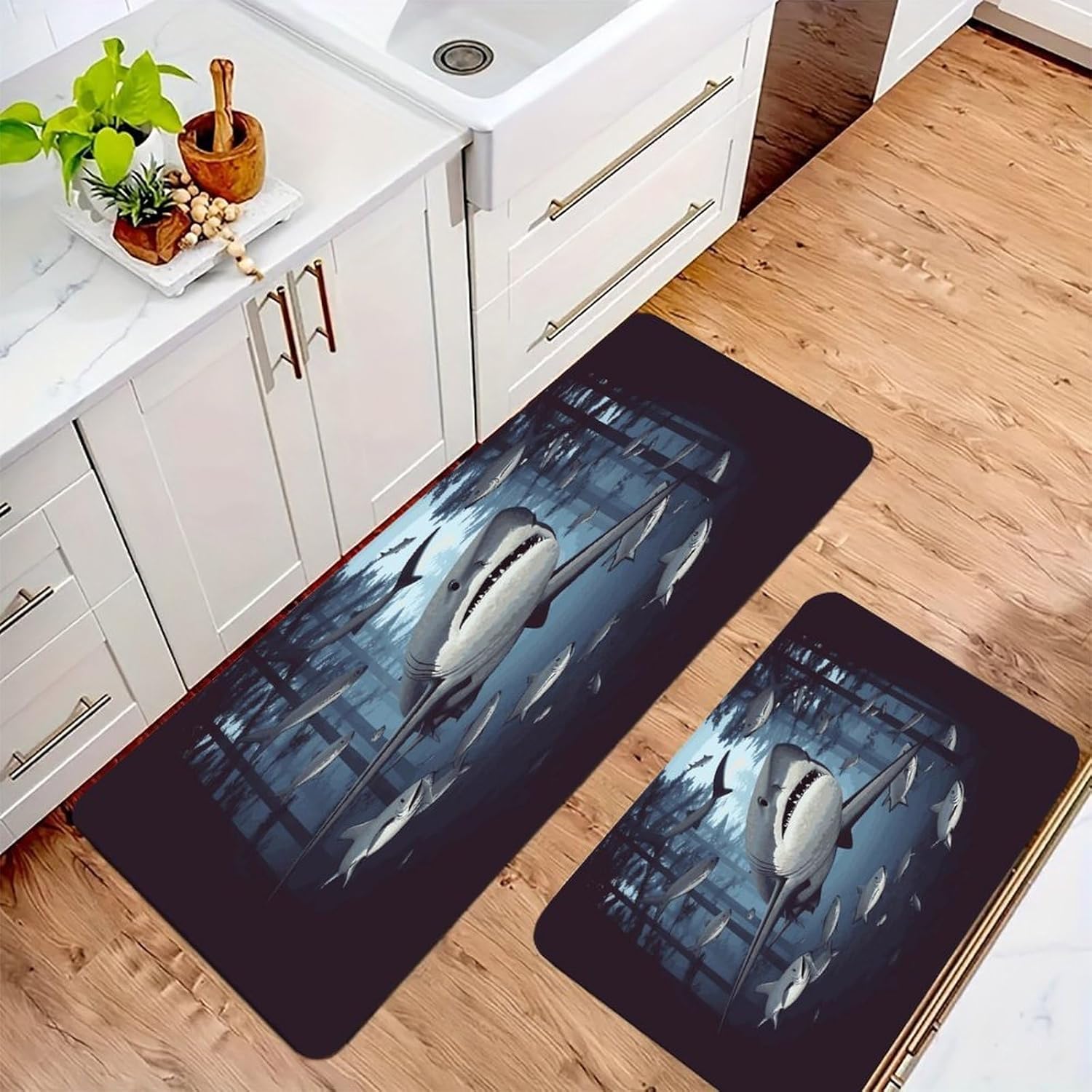Funny Sharks Design Kitchen Mats with 2PCS Non-Slip Washable,Kitchen Rug Heavy Duty Durable, Floor Mats for Kitchen,Office,Sink,Laundry