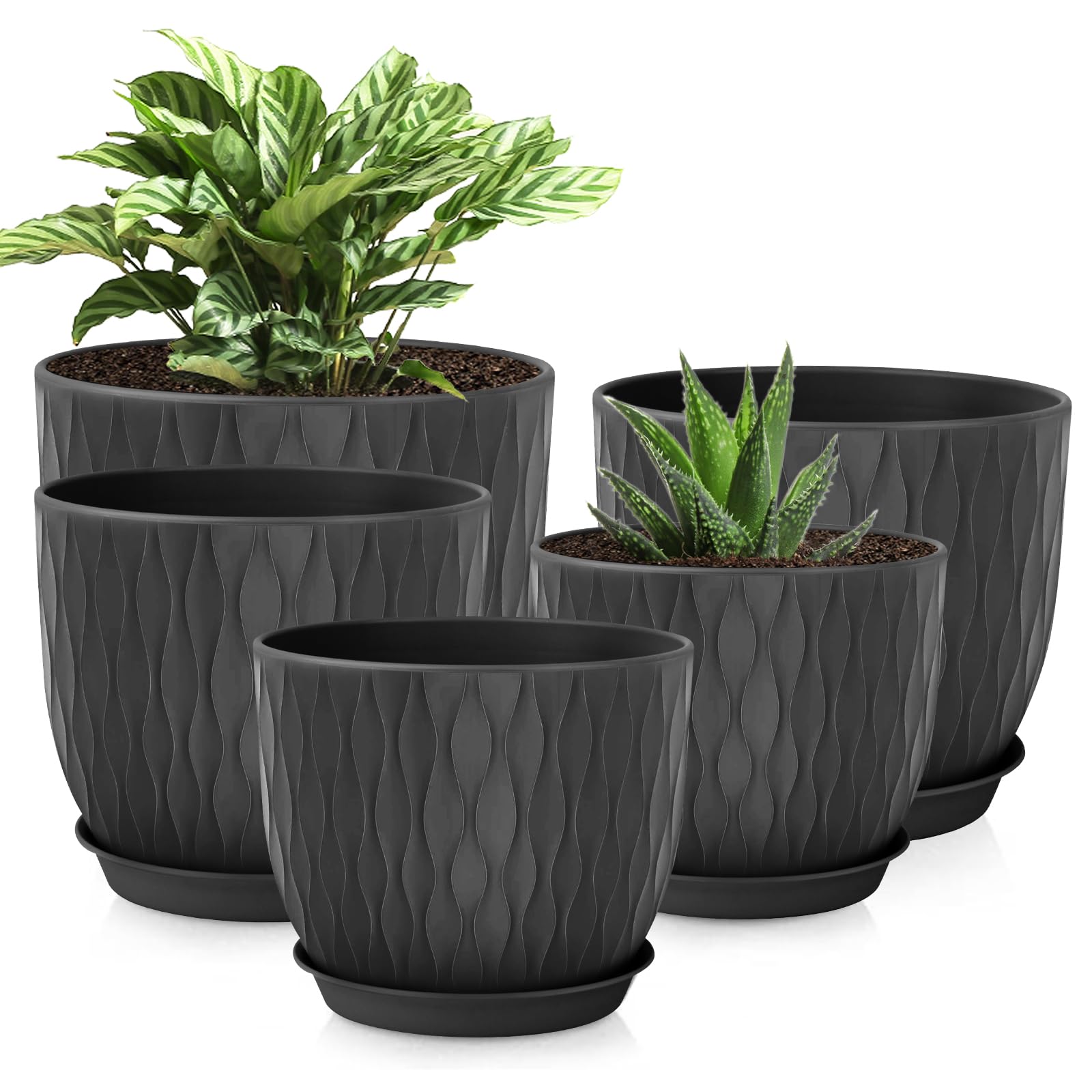 LESOASIS Plastic Plant Pots 10/9/8/7.5/7 inch Set of 5, Flower Planters with Drainage Holes and Saucers, Plastic Pots for Indoor Outdoor Plants,